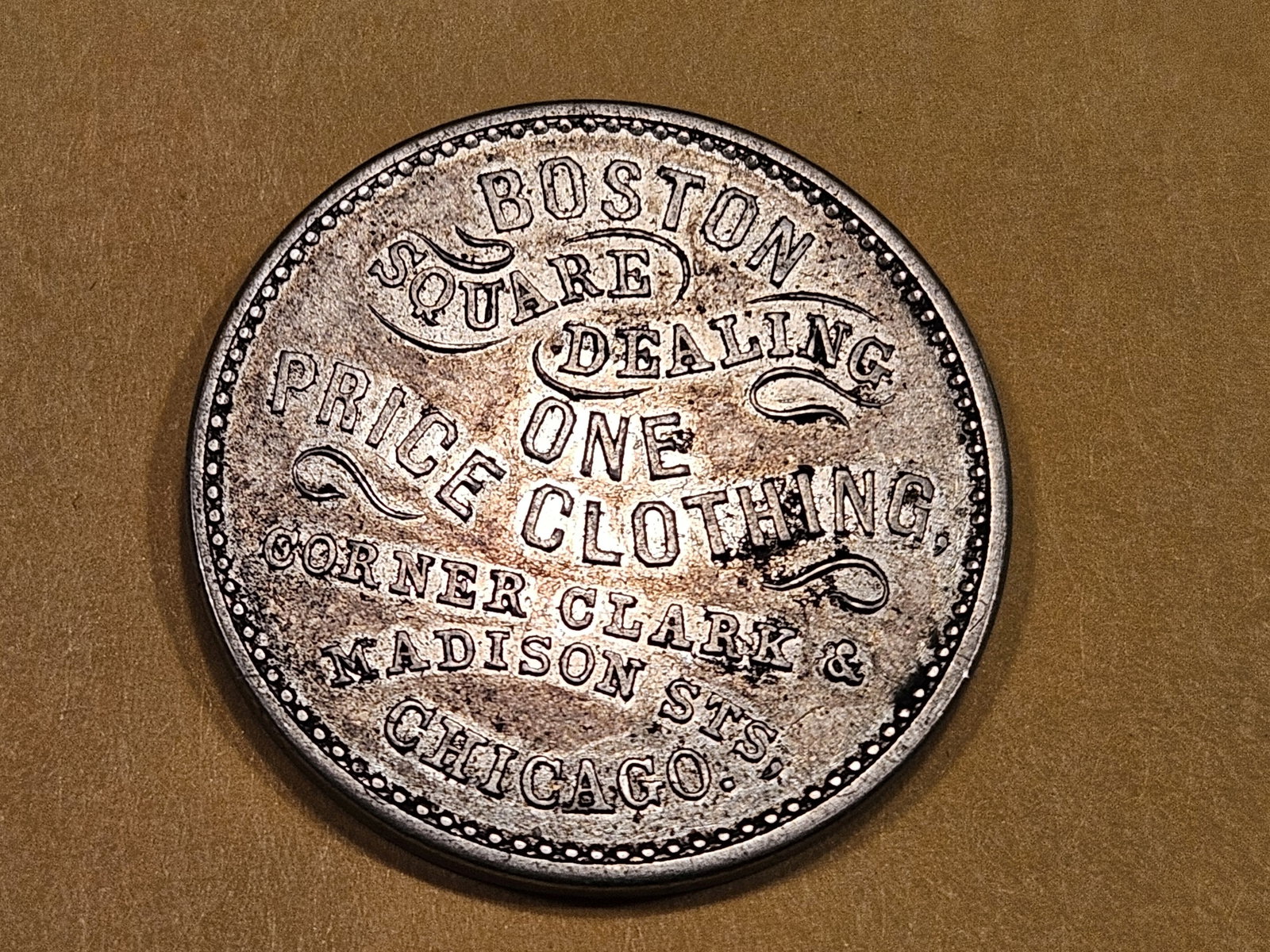 1890's Merchant's Store Card in About Uncirculated: Tough one! Willoughby Hill & Co. Prevalent luster under a light patina. Made from German silver