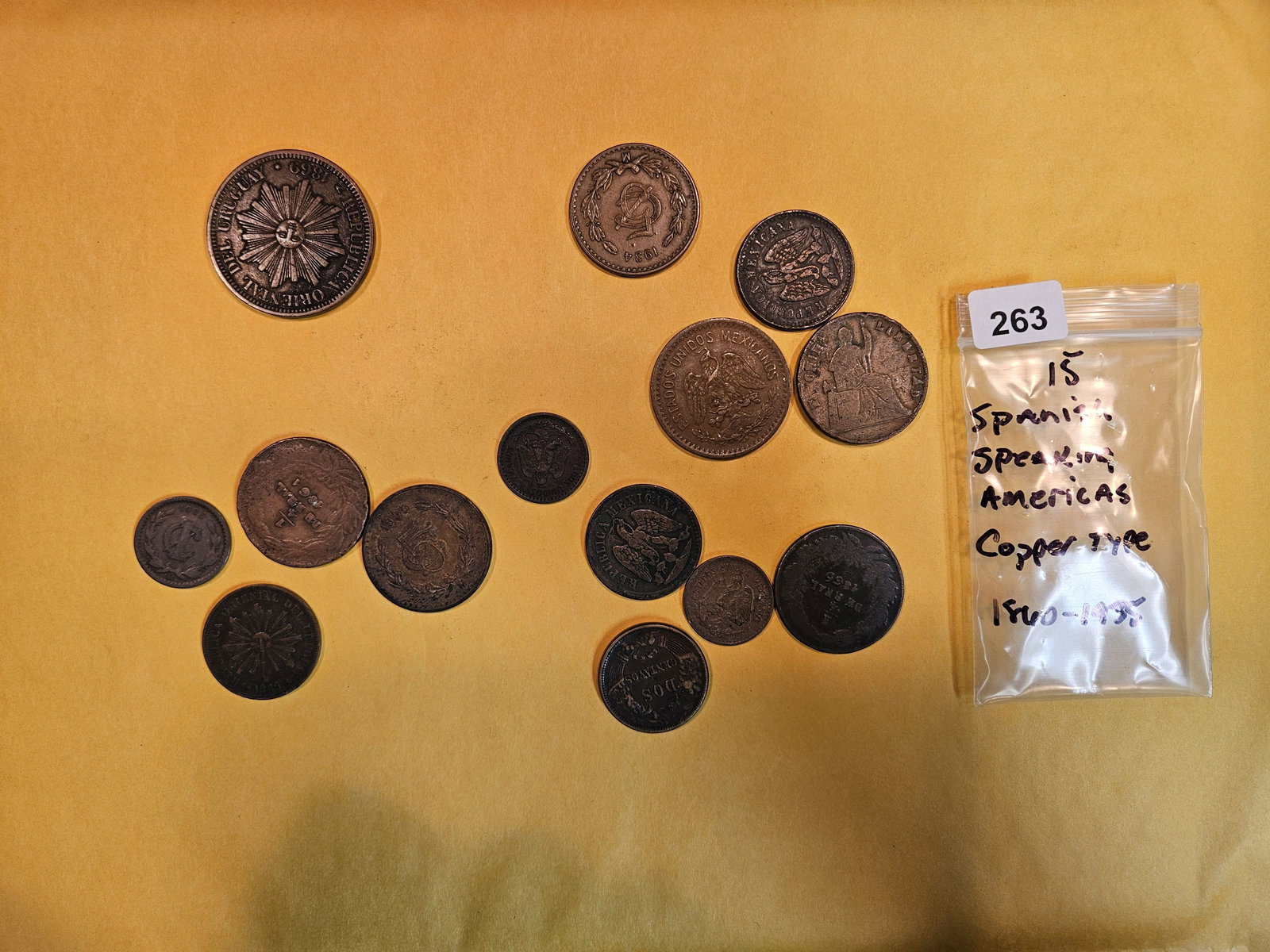 Fifteen older copper coins from the Spanish-speaking Americas (1 of 2)