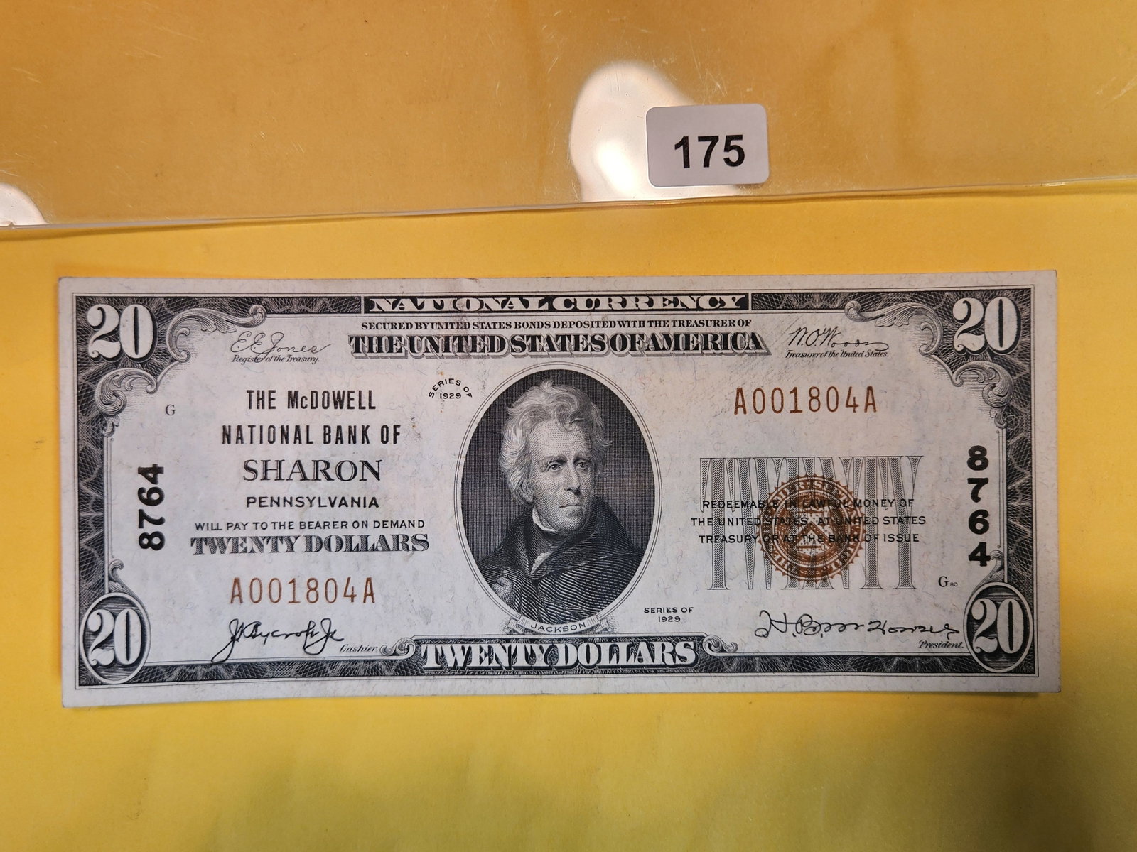 Crisp About Uncirculated Series of 1929 Twenty Dollar National Currency: McDowell National Bank of Sharon, Pennsylvania