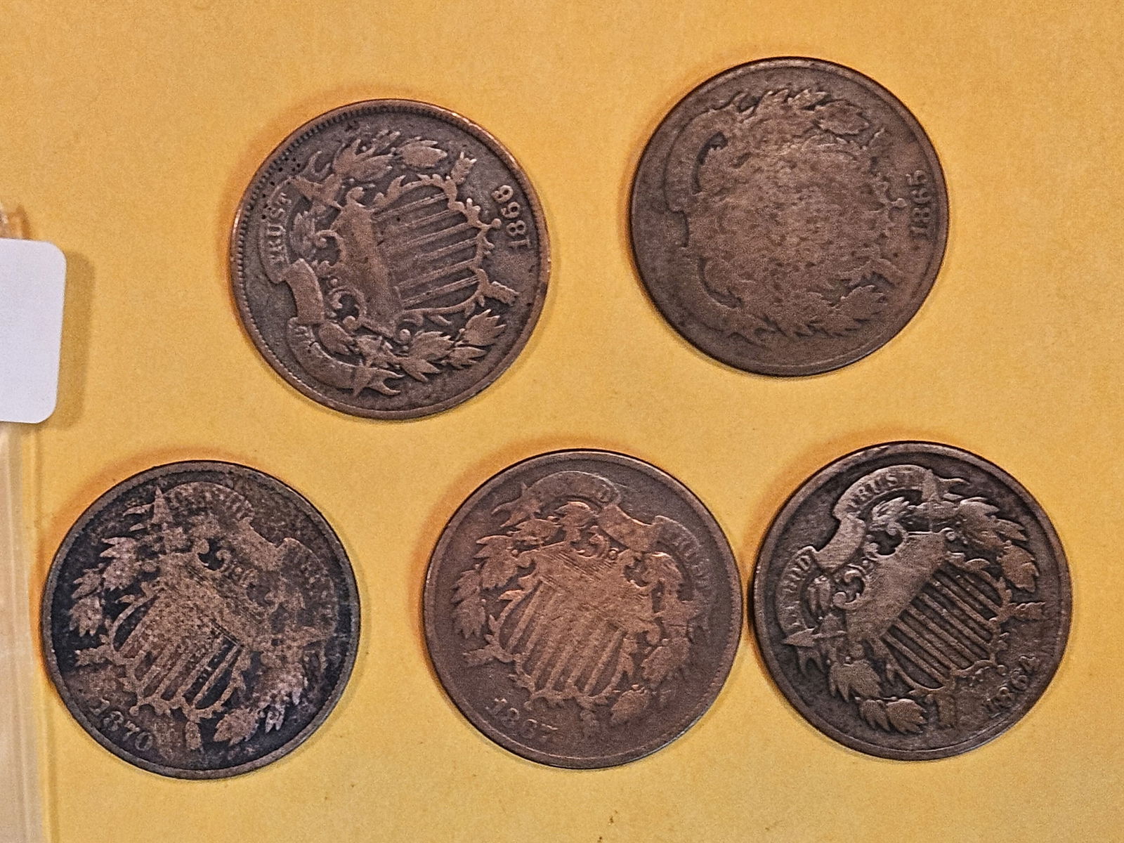 Five mixed Two Cent pieces (1 of 2)