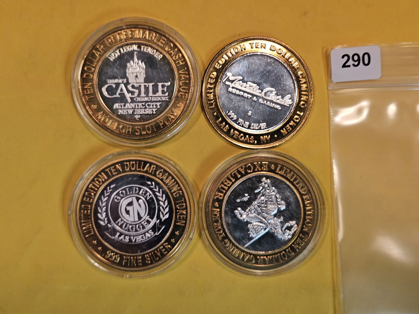 Four $10 .999 fine silver Center Casino Gaming Tokens (1 of 2)