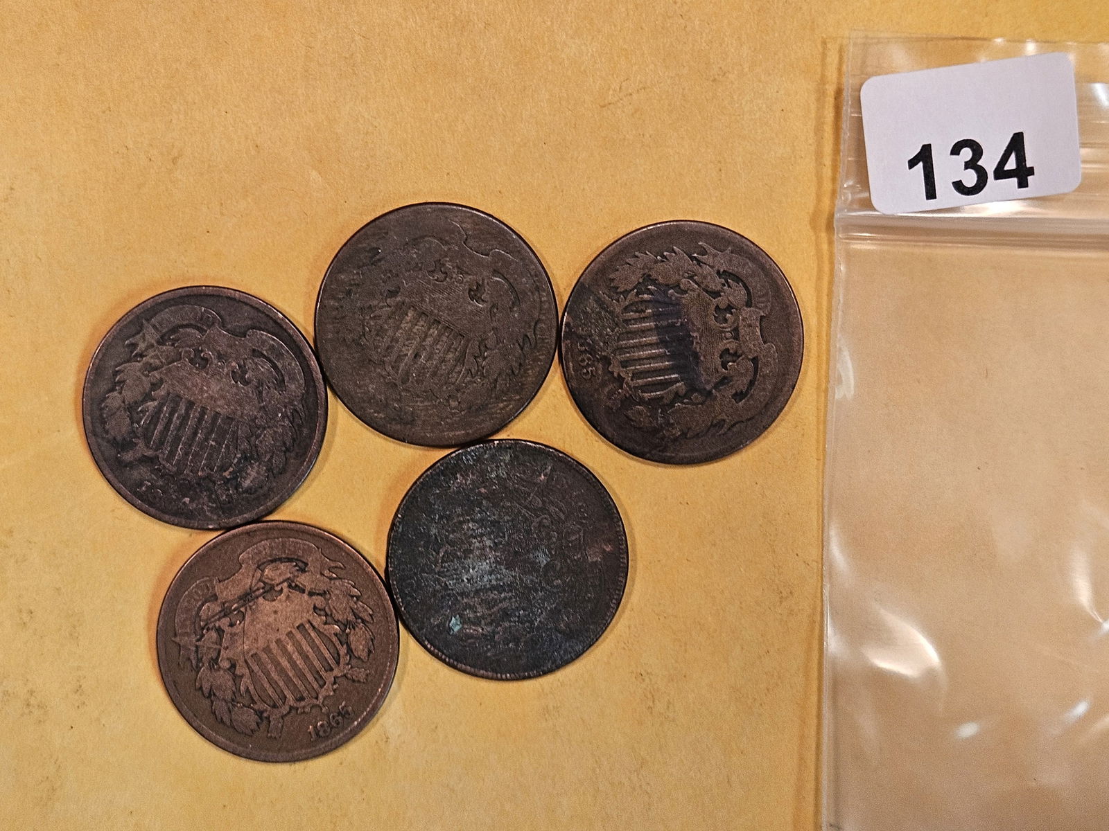 Five mixed Two-Cent pieces (1 of 2)