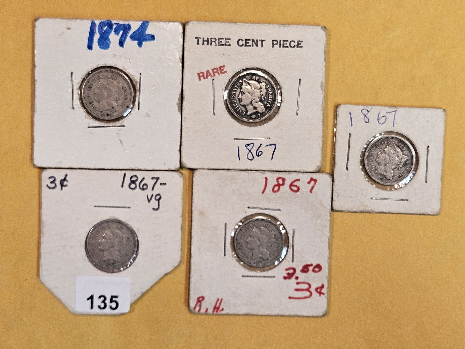 Five mixed Three Cent nickels (1 of 6)