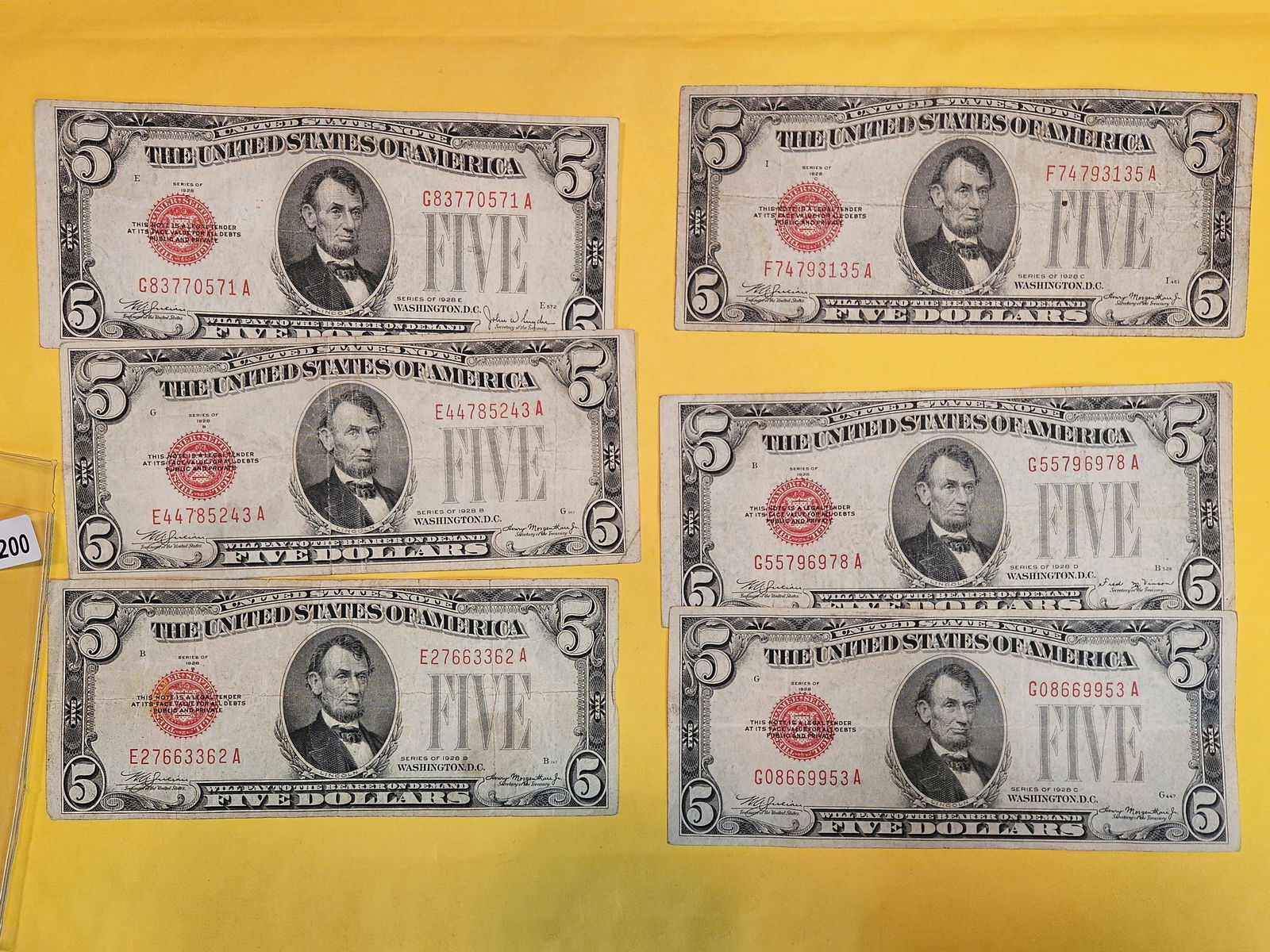 Six Series of 1928 Five Dollar US Note Red Seals (1 of 2)