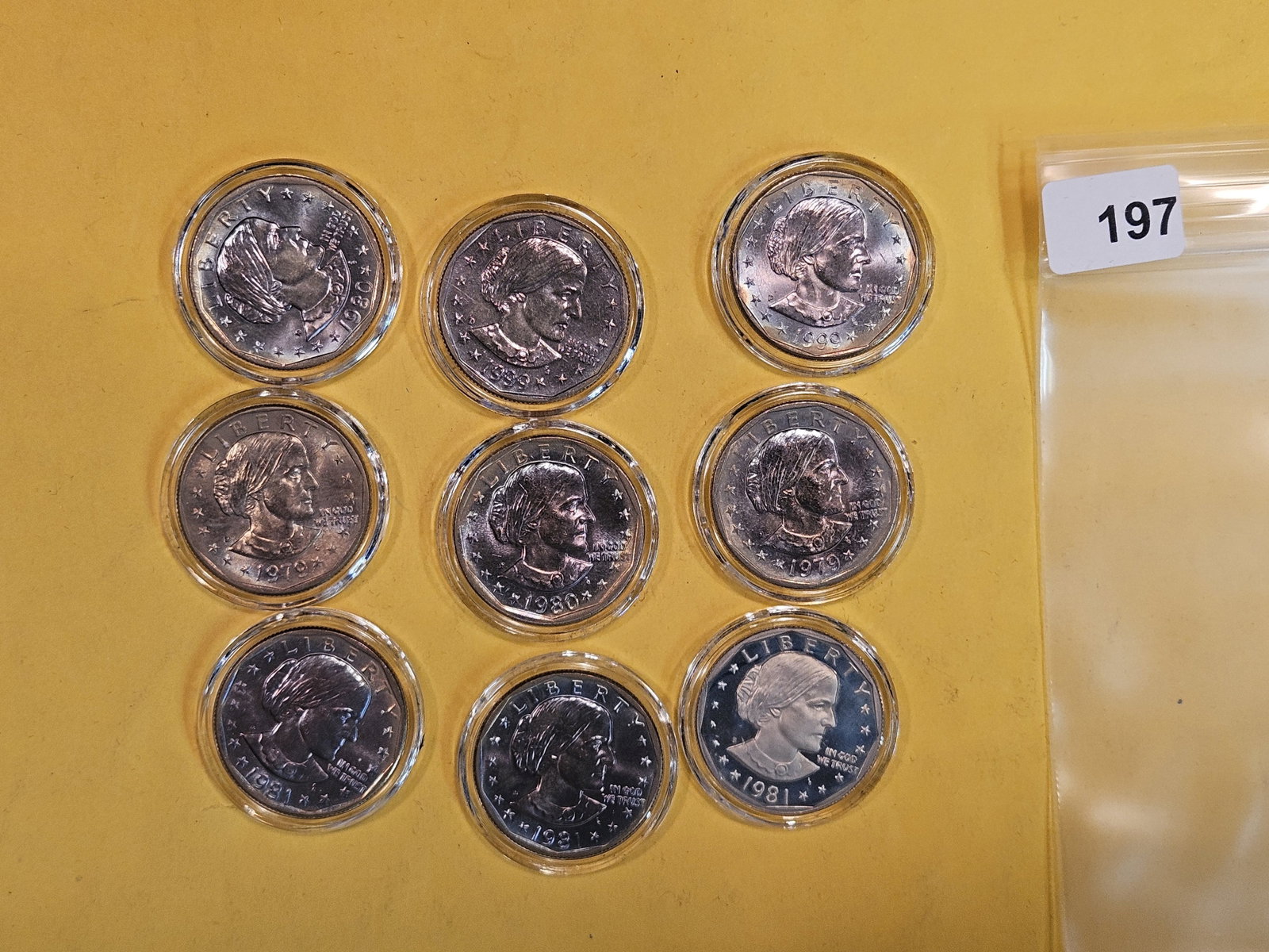 Ten mixed Brilliant Uncirculated and Proof Susan B Anthony Dollars: Most have fantastic toning. All in original plastic capsules. All clad
