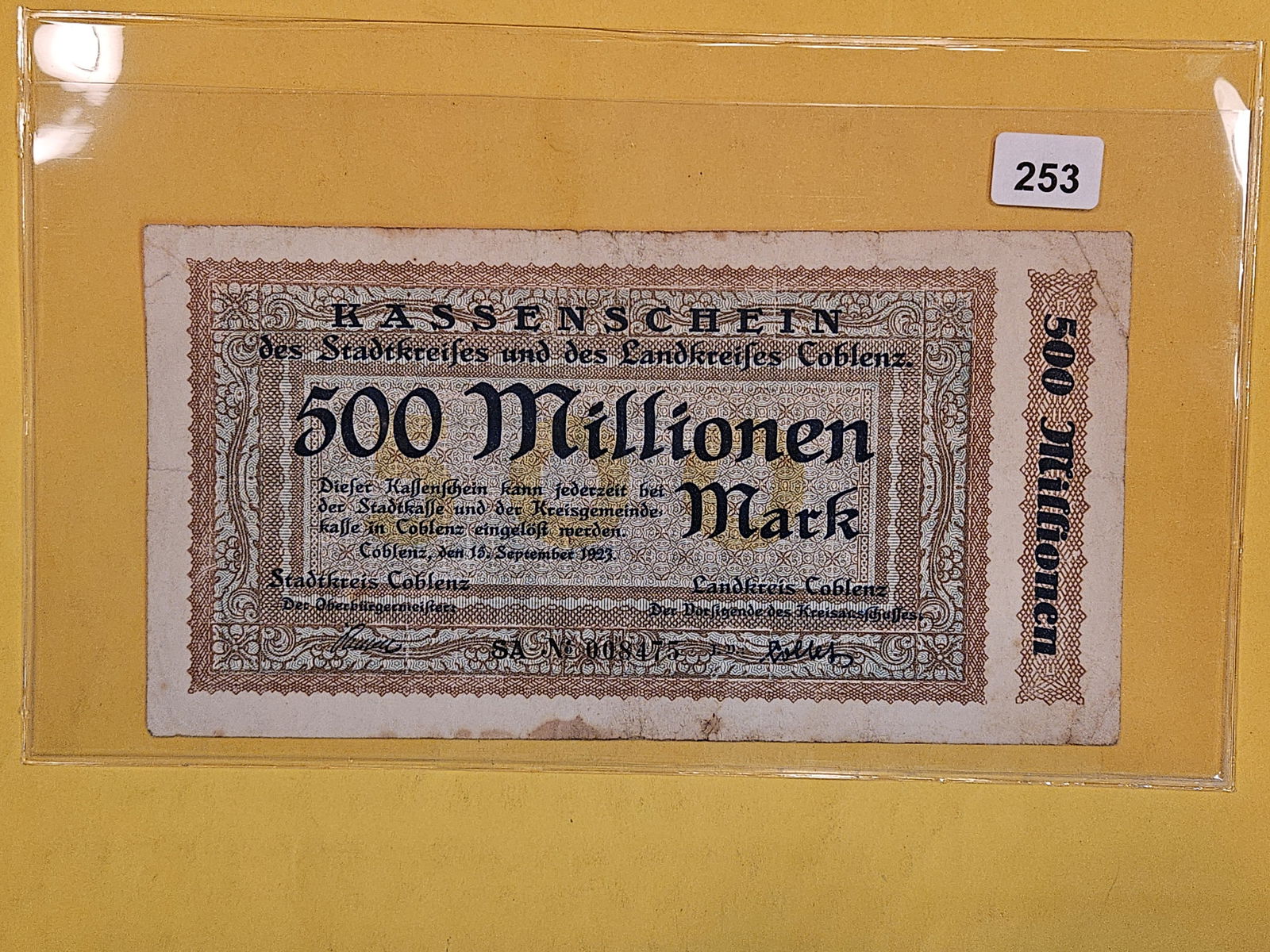 15 September 1923 German 500 Millionen Mark Note (1 of 2)