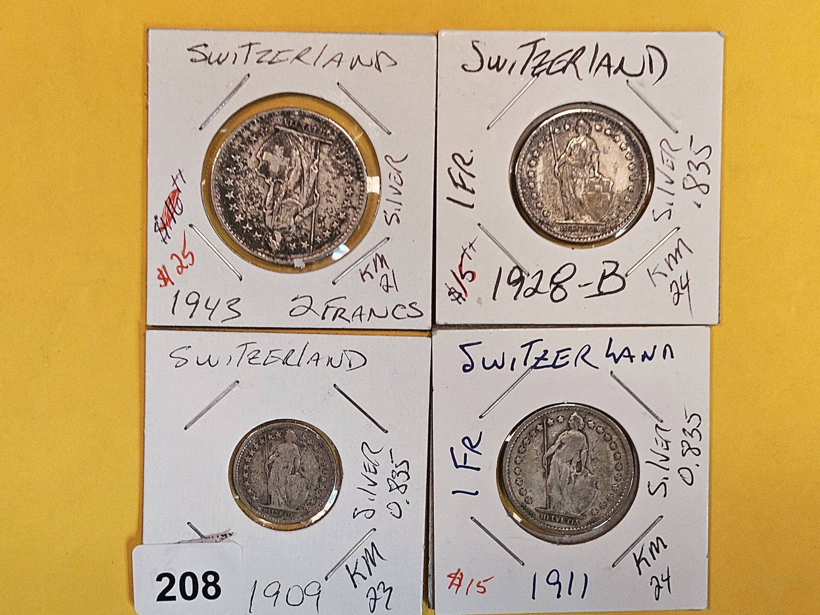 Four mixed, silver, coins from Switzerland (1 of 3)