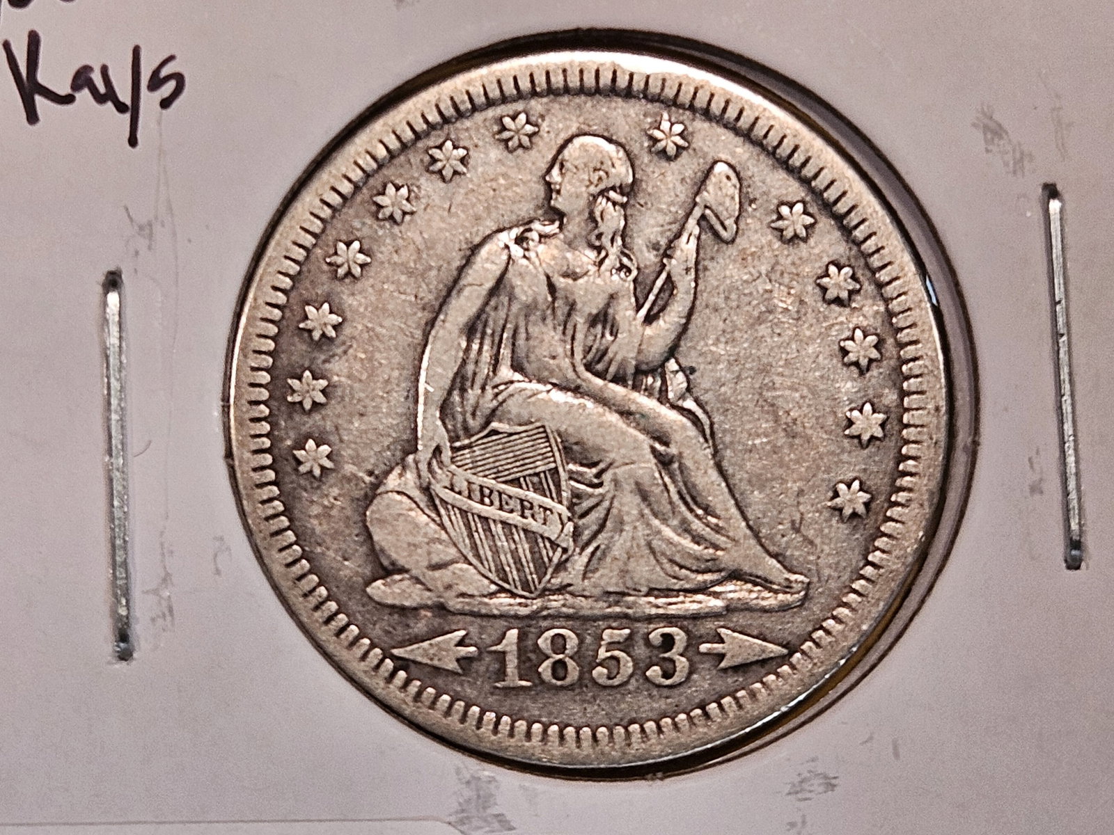 1853 with Arrows and Rays Seated Liberty silver Quarter: In Very Fine