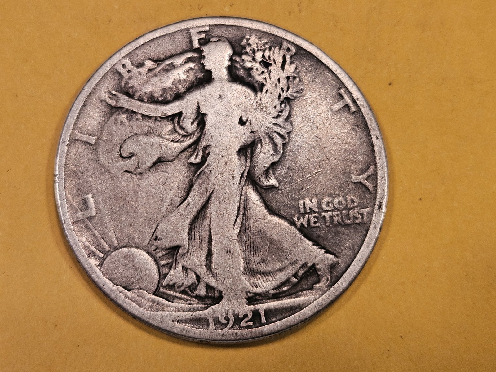 ** KEY DATE ** 1921-D Walking Liberty Half Dollar: In Very Good plus