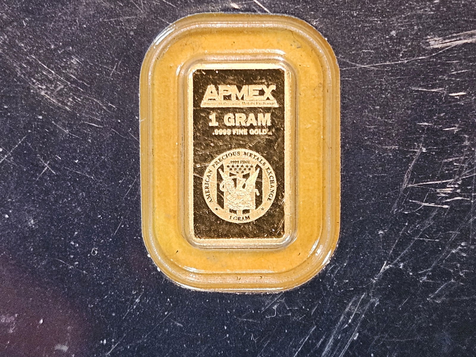 GOLD! APMEX One Gram .9999 fine gold bar: In original assay certificate holder