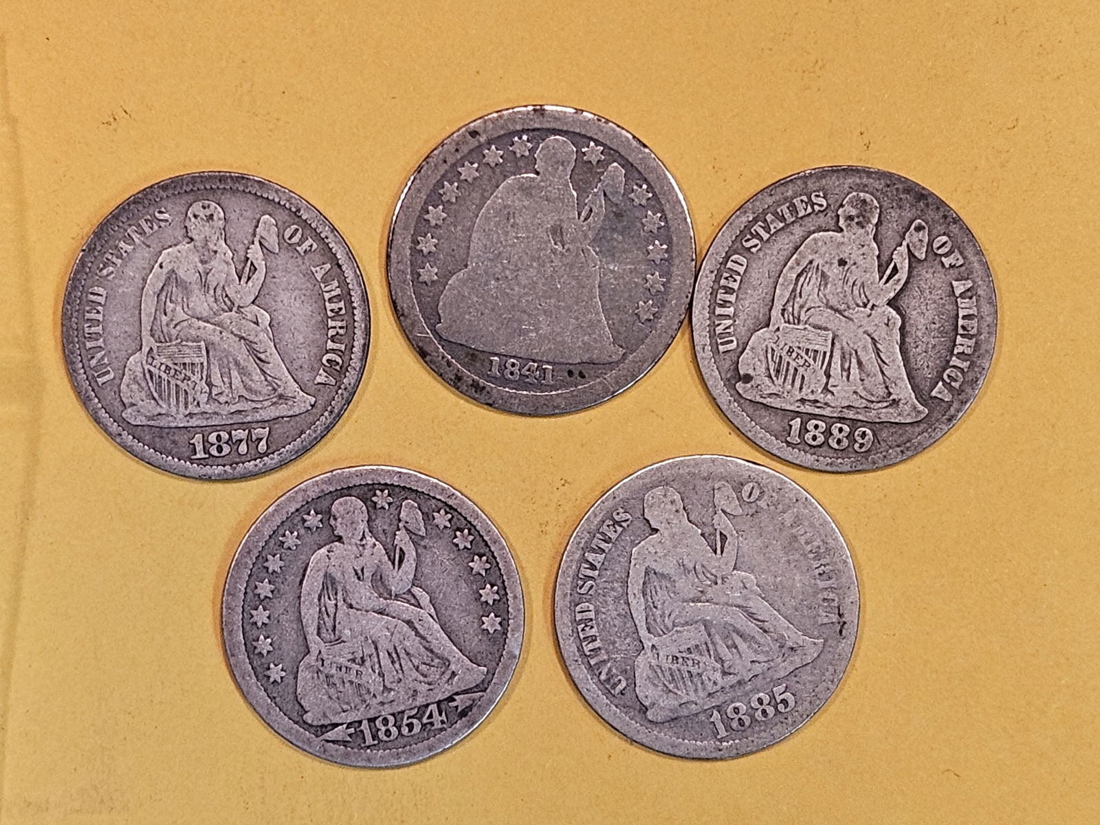 Five mixed, silver, Seated Liberty Dimes (1 of 3)