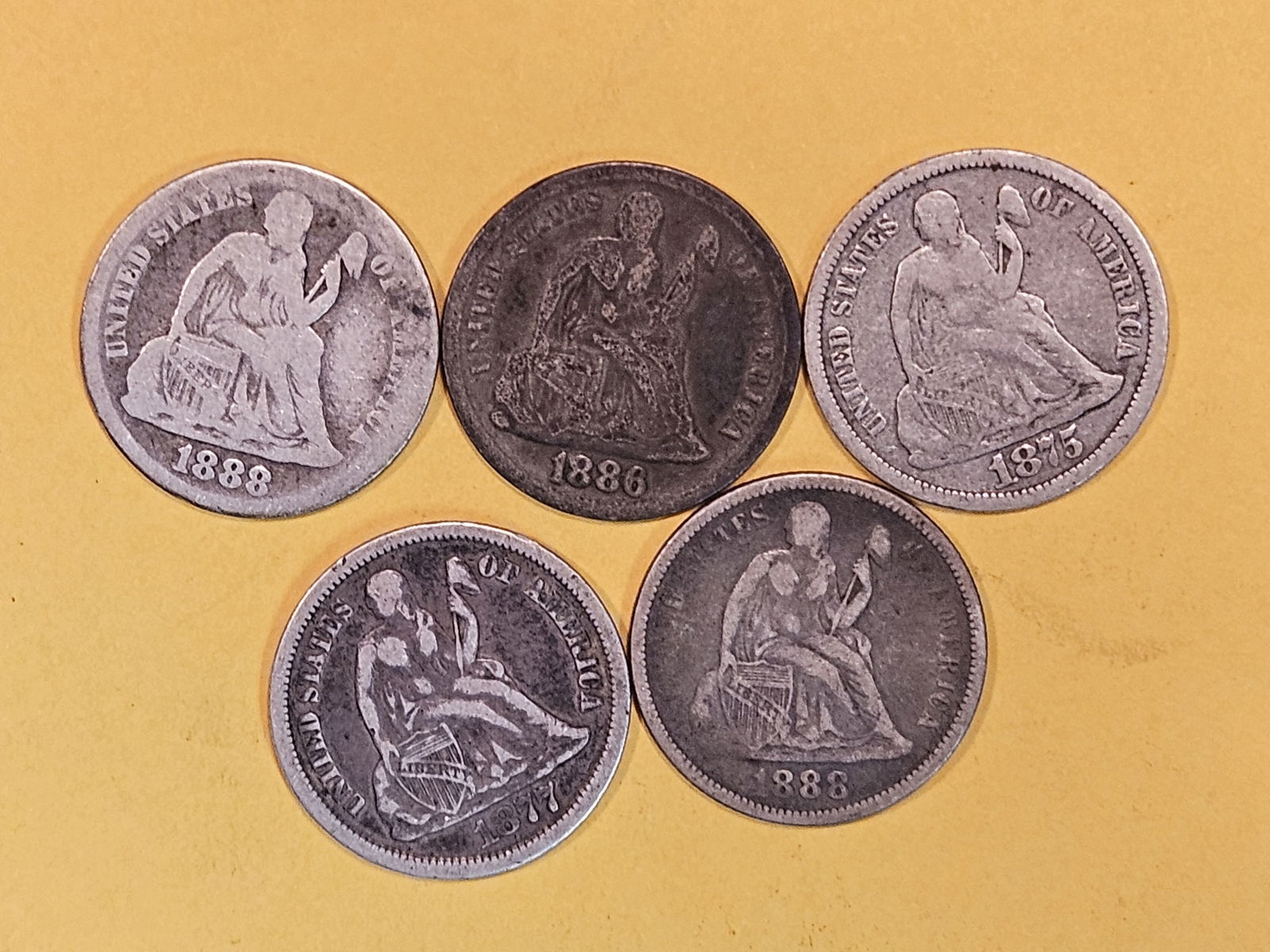 Five mixed, silver, Seated Liberty Dimes (1 of 3)
