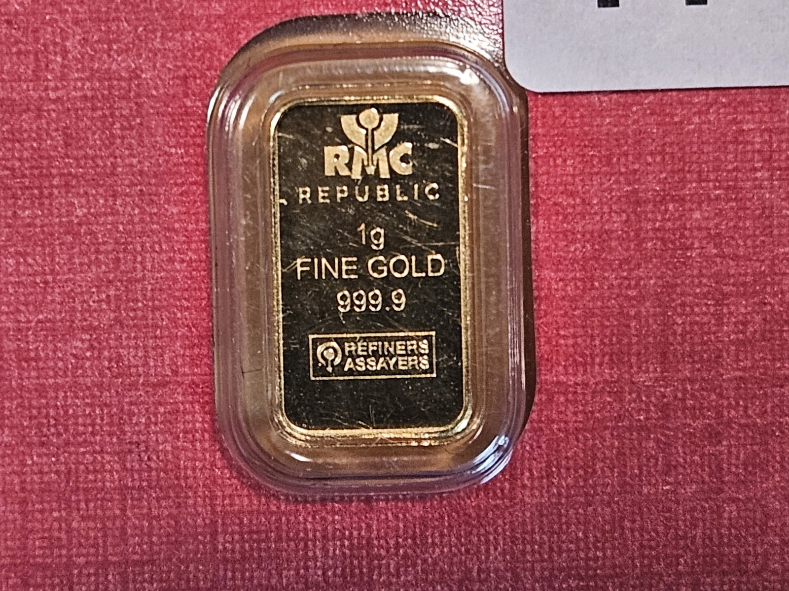 GOLD! RMC Republic One Gram .9999 fine gold bar: In Assay holder
