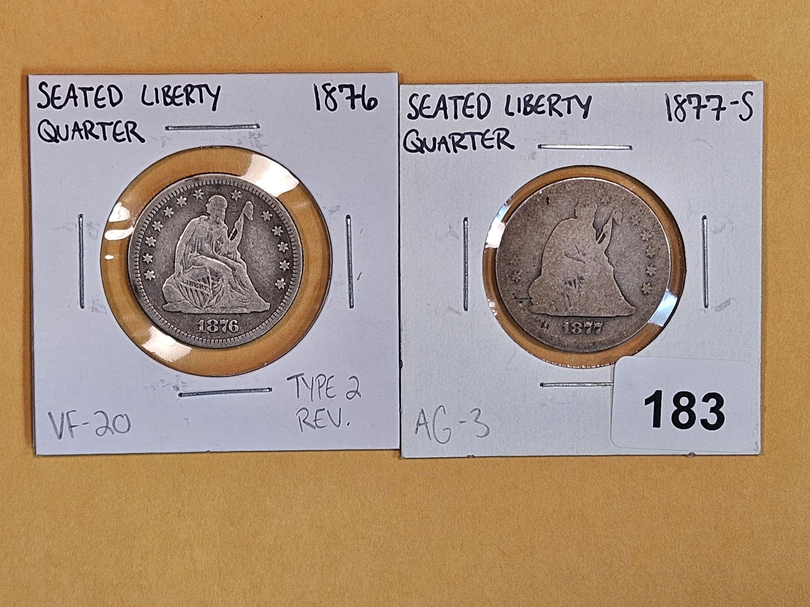 1876 and 1877-S Seated Liberty silver Quarters (1 of 2)