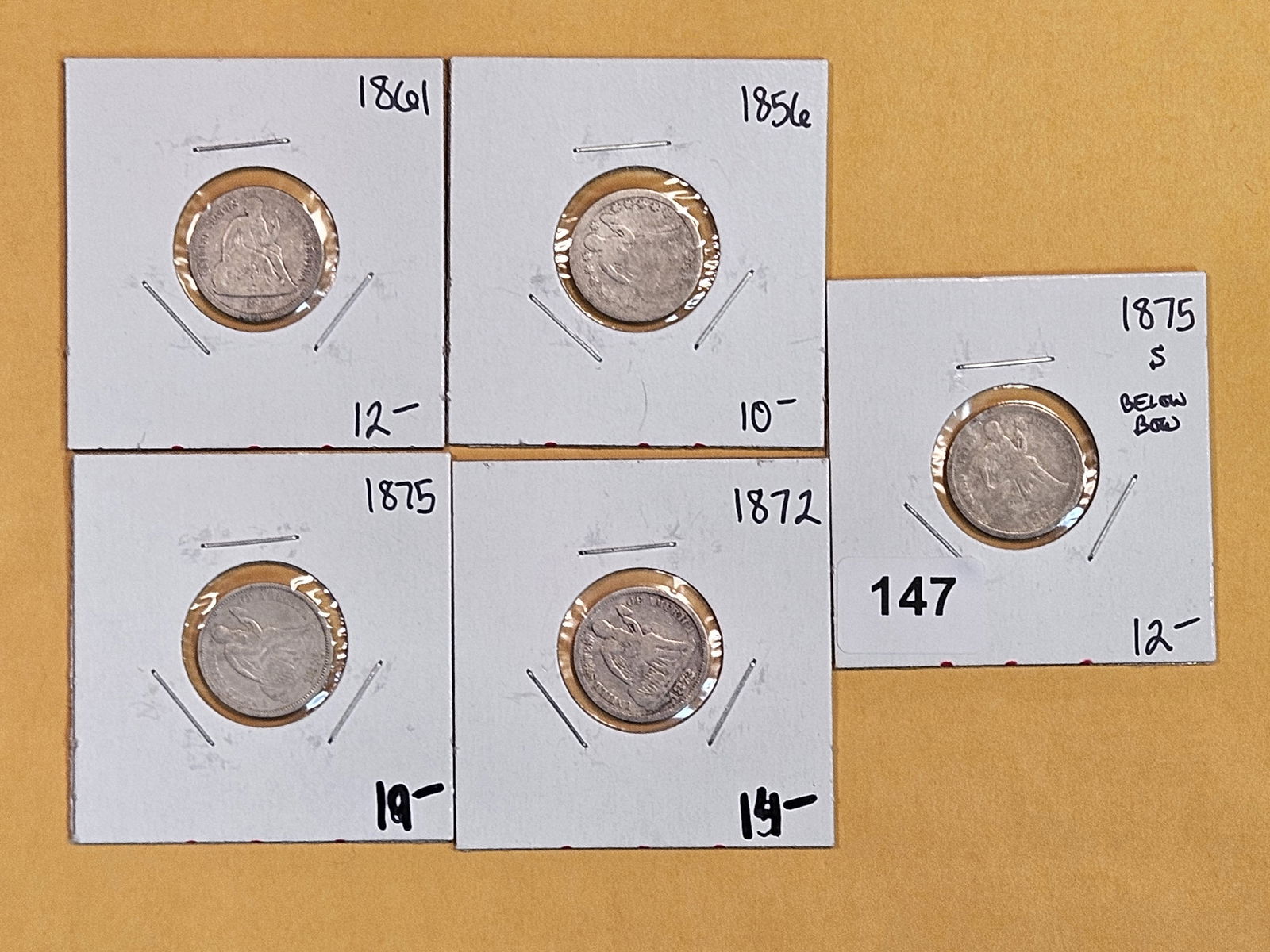 Five mixed silver Seated Liberty Dimes (1 of 5)