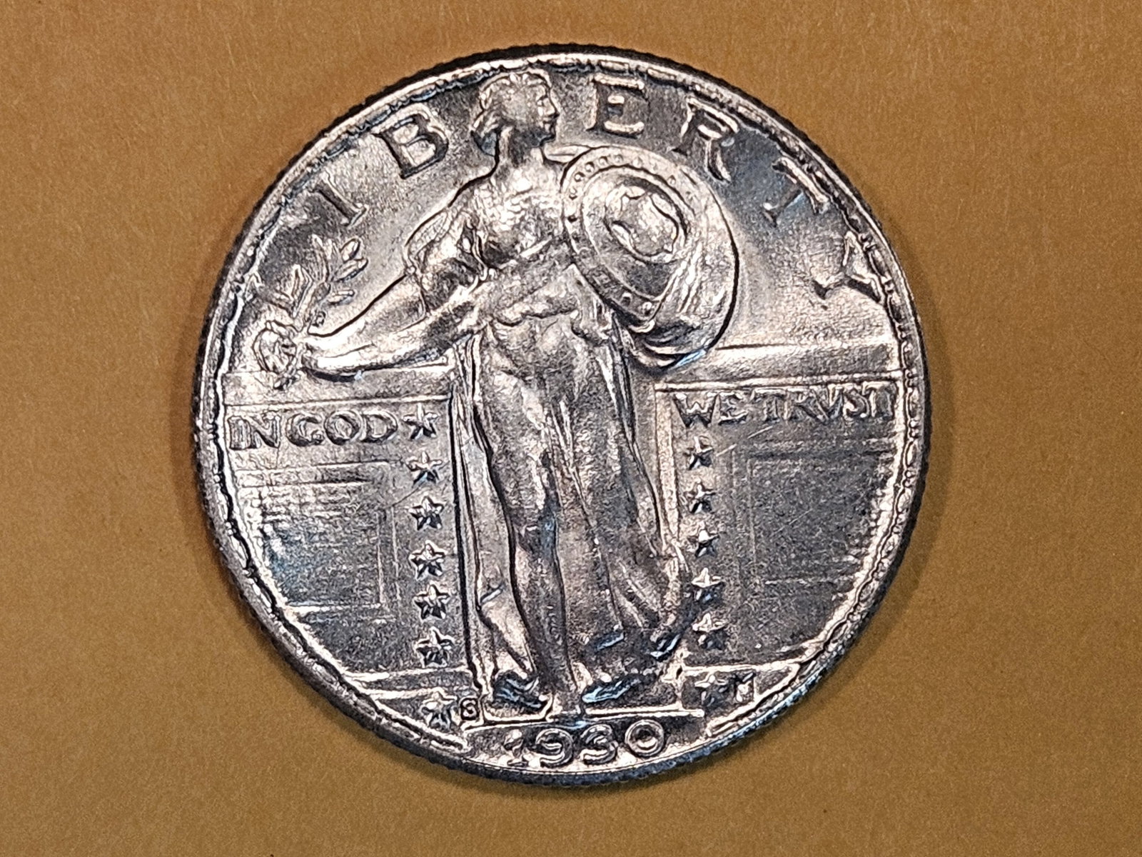 Choice Brilliant Uncirculated 1930-S Standing Liberty Quarter: Effervescent luster!