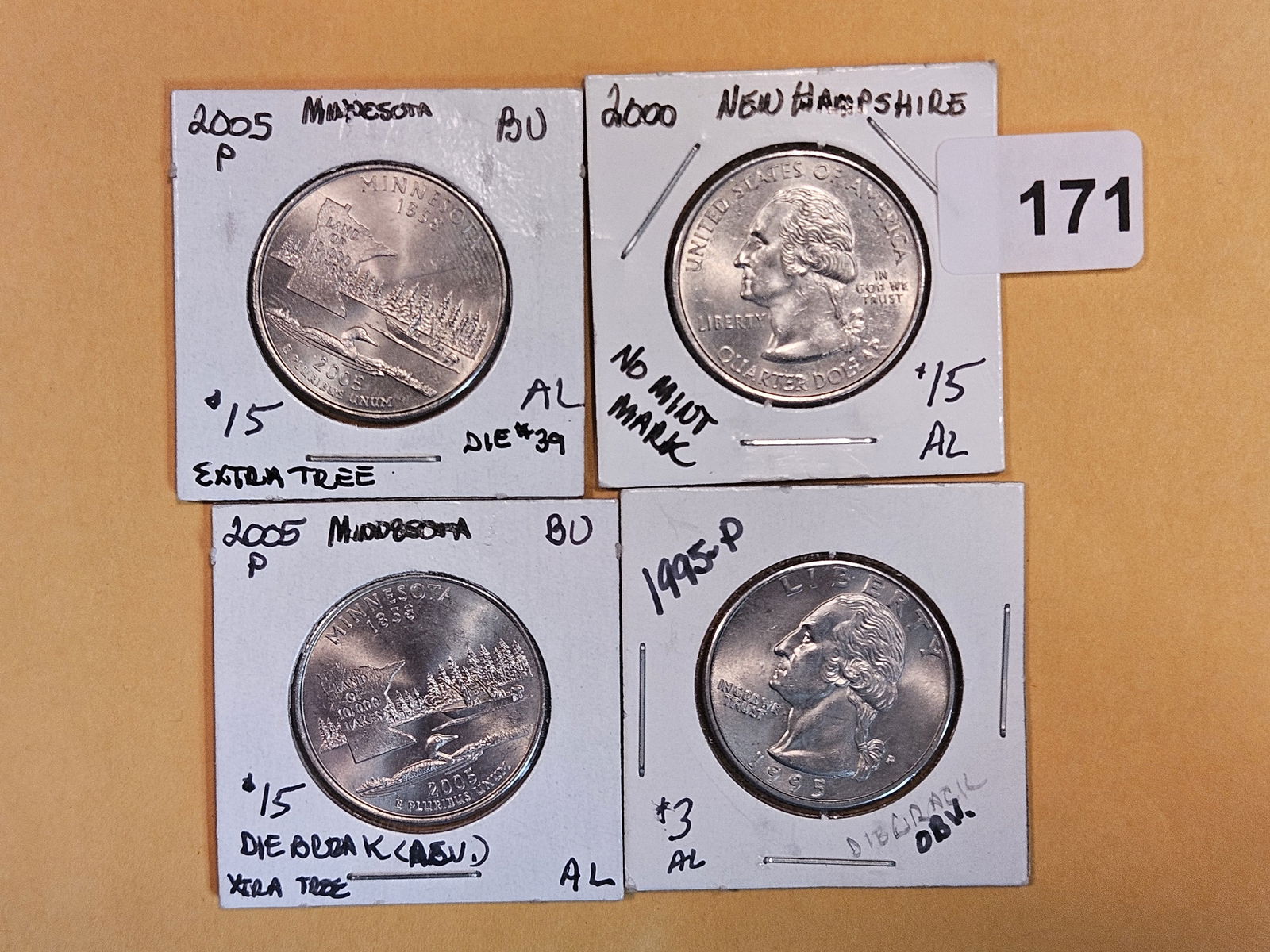 MINT ERRORS! Four Brilliant Uncirculated Washington Quarters (1 of 4)