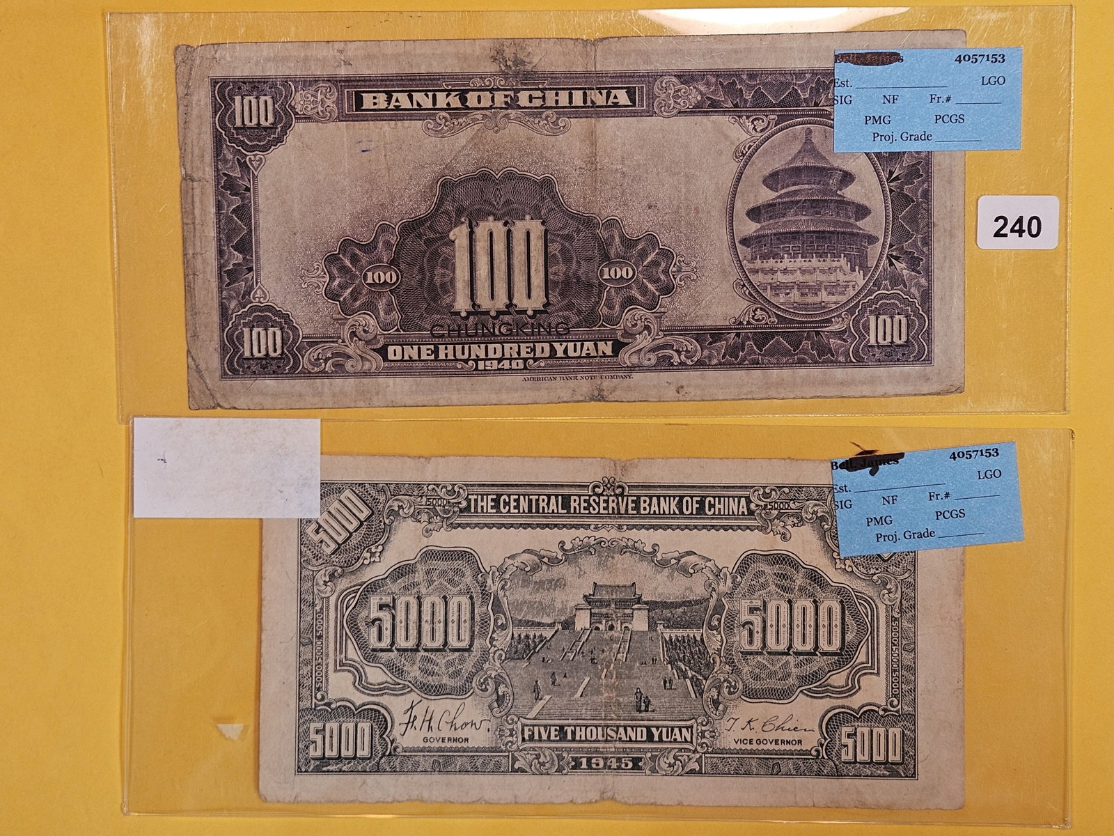 1940 and 1945 Chinese Notes: 100 yuan and 5,000 yuan