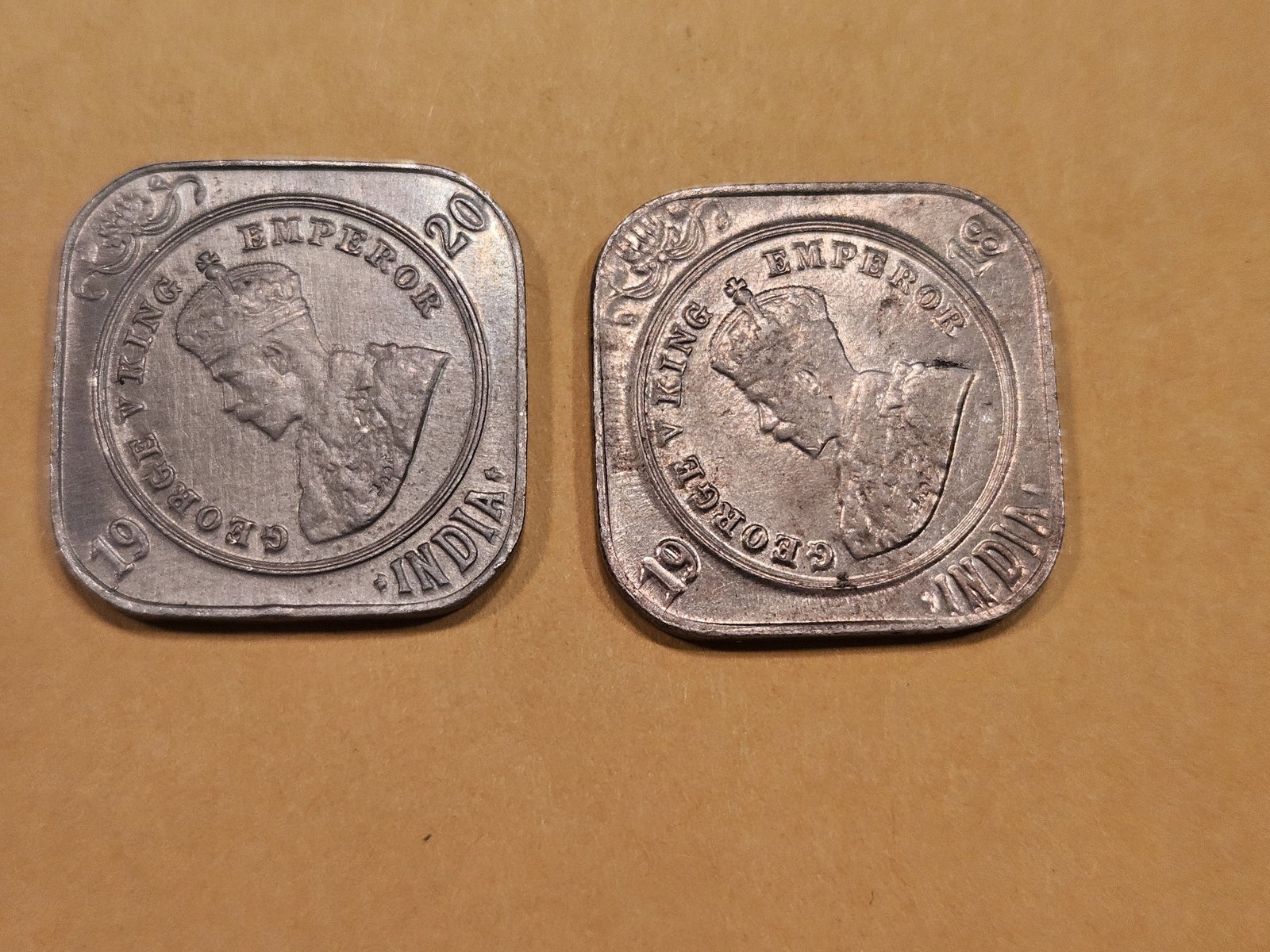 Two bright About Uncirculated plus 1916 and 1920 India 2 Anna coins: KM 516