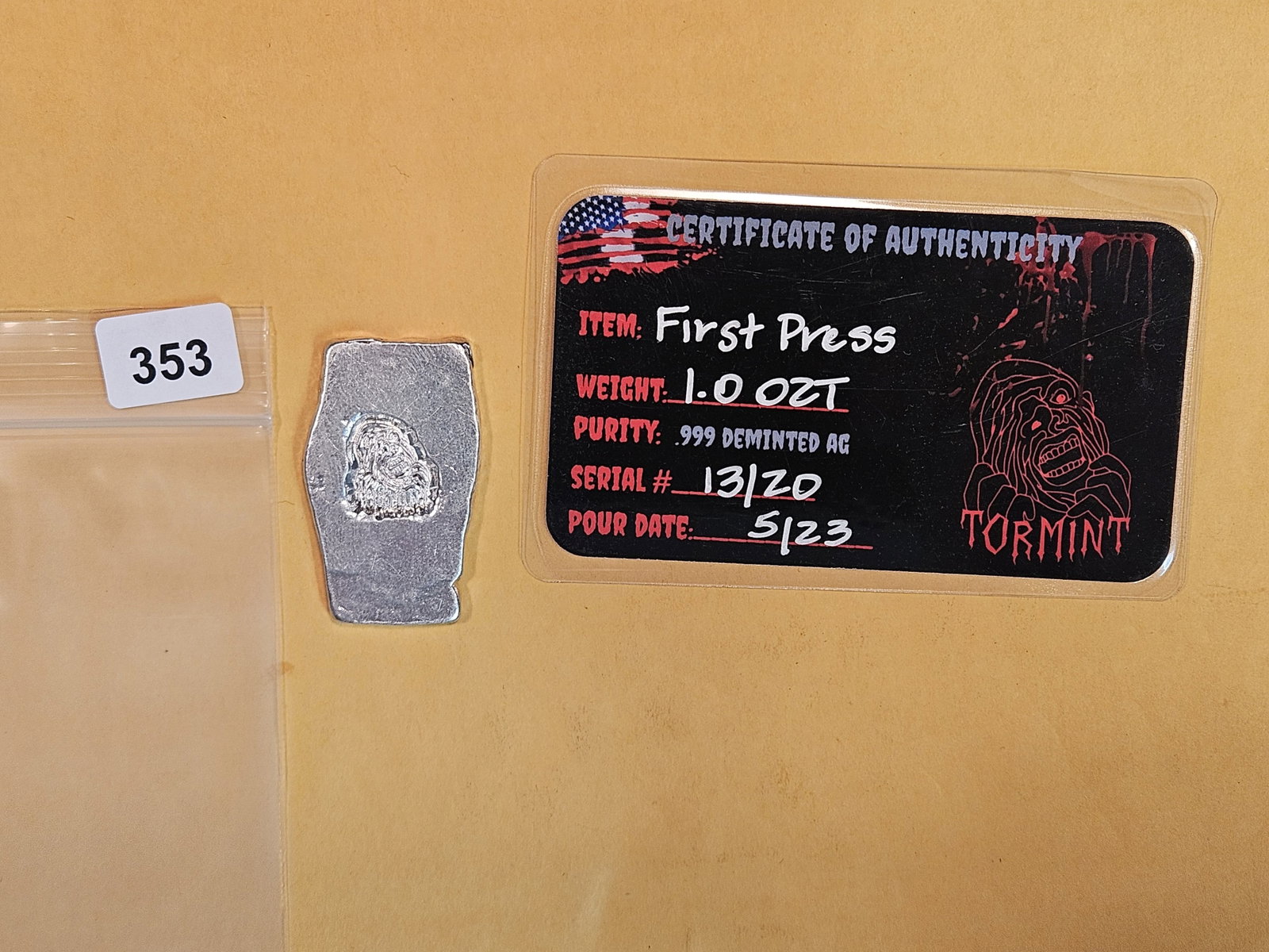 One Troy ounce .999 fine silver art bar: TORMINT. Comes with COA