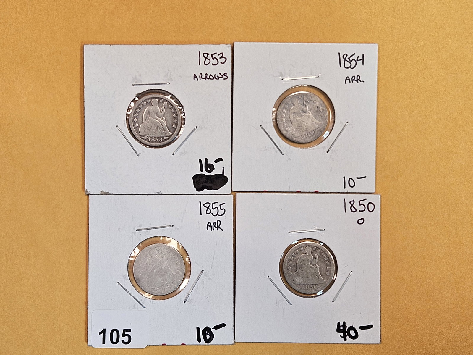 Four silver Seated Liberty Dimes (1 of 4)