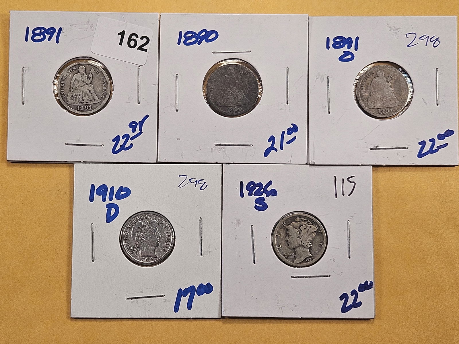 Five Circulated US Silver Dimes (1 of 12)