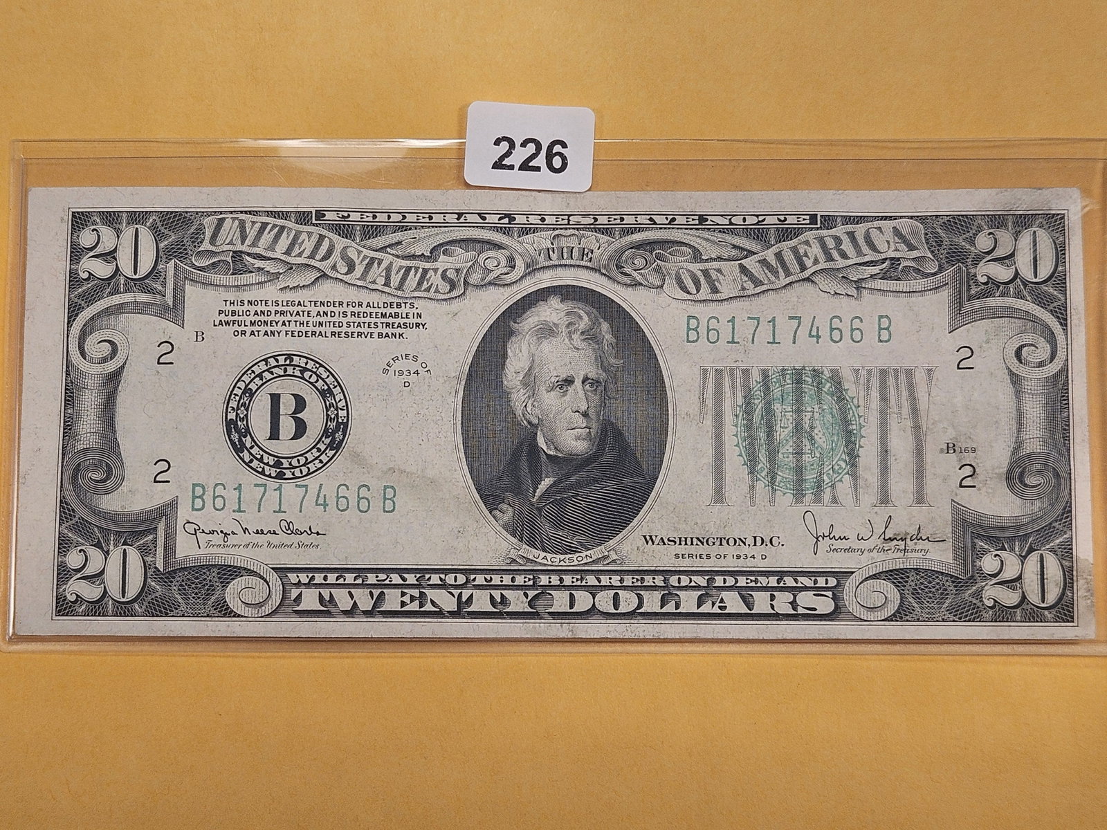 Series 1934-D Twenty Dollar Federal Reserve Note: Bank of New York City, New York