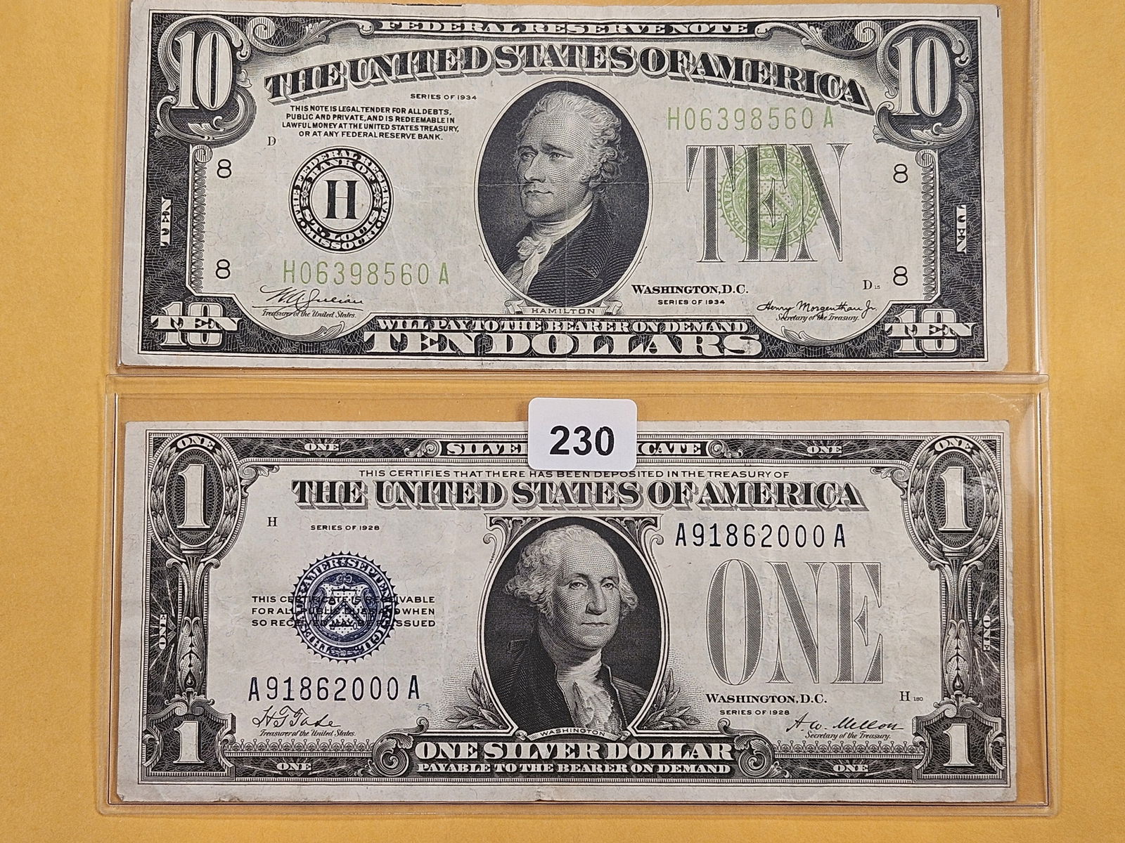 Series 1934 Ten Dollar Federal Reserve Note and Series 1928 One Dollar Silver Certificates (1 of 4)