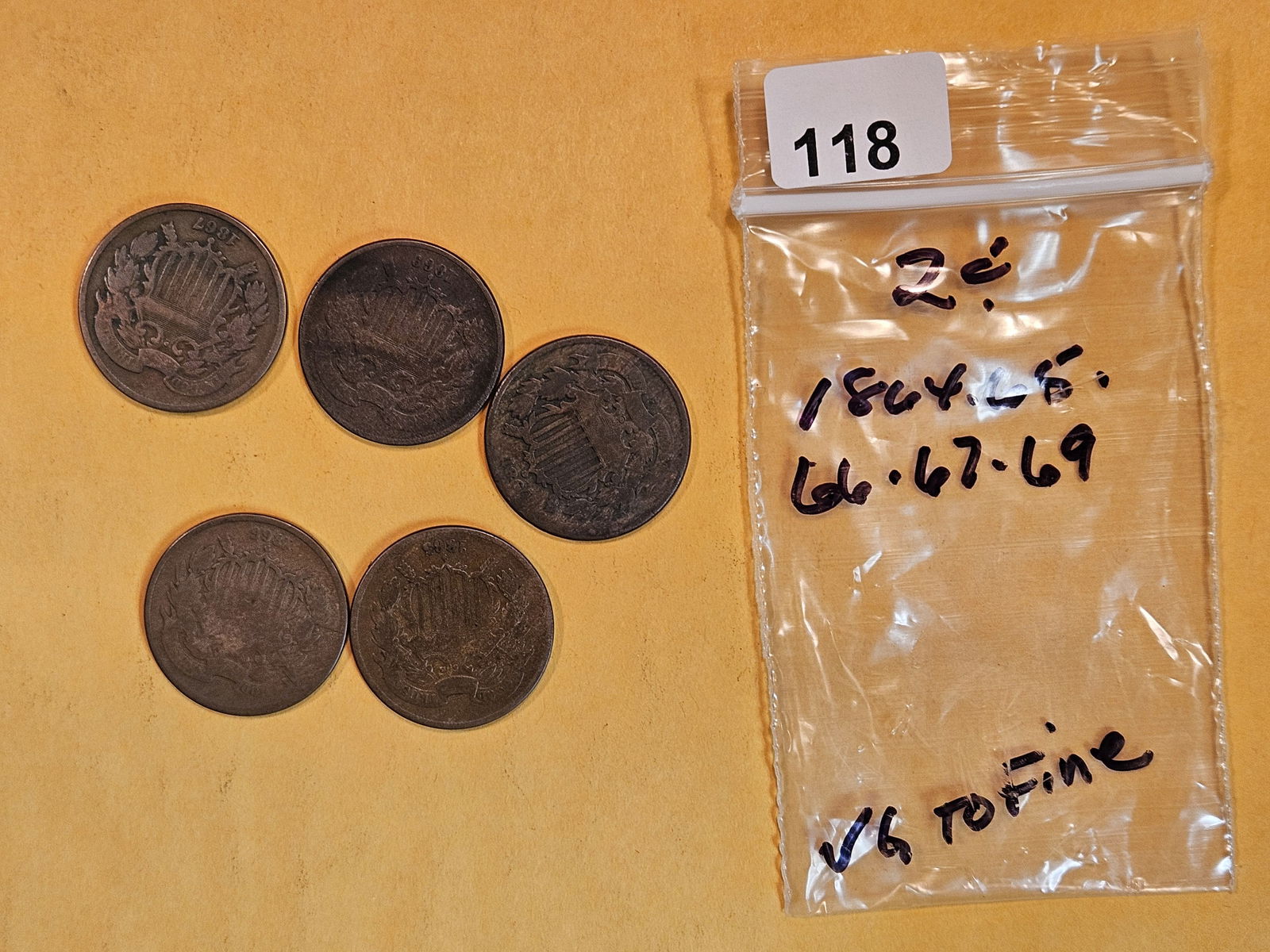 Five 2-Cent pieces in Very Good to Fine (1 of 3)