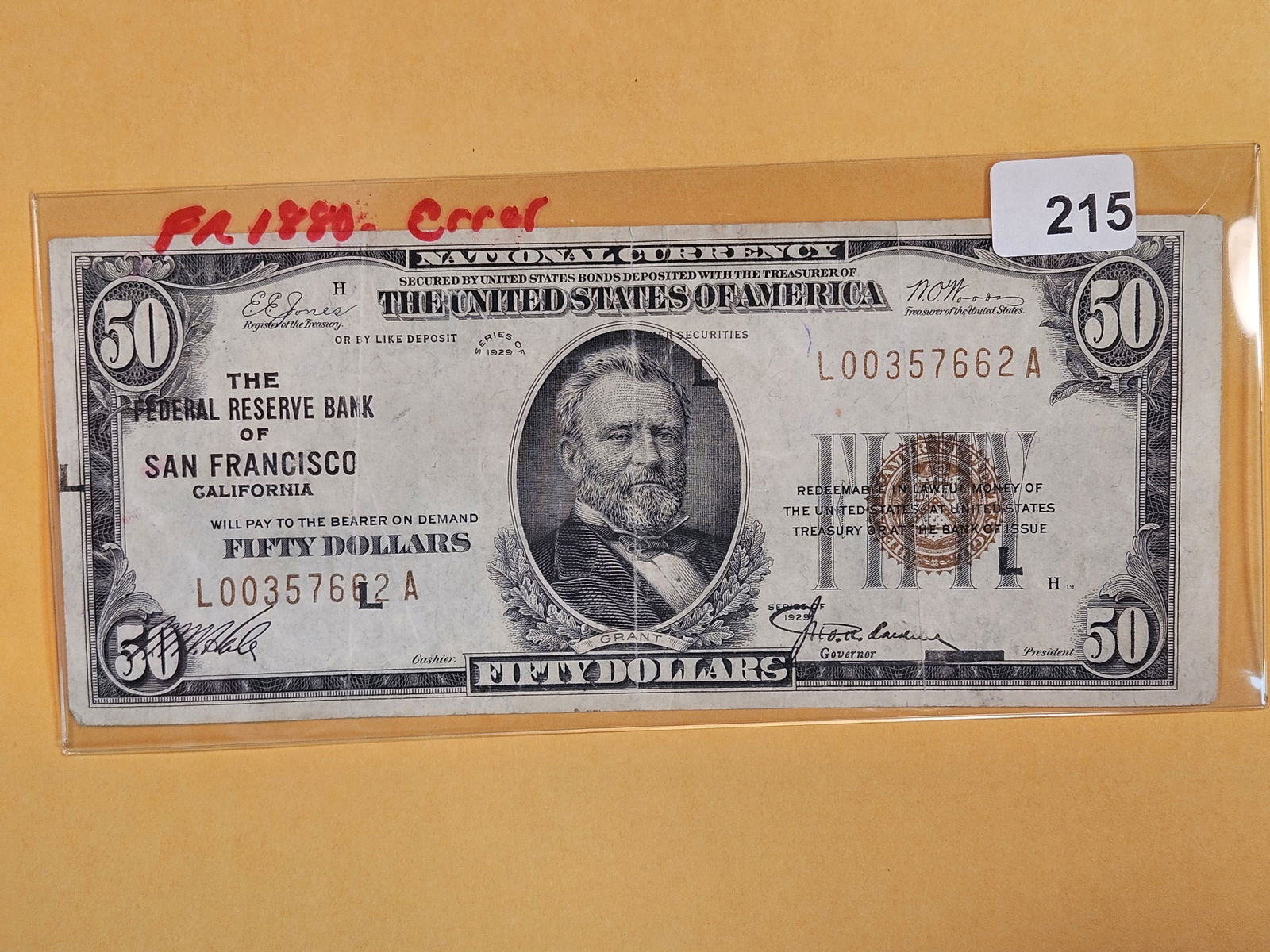 ERROR NOTE! Series of 1929 Fifty Dollar National Currency in Very Fine plus (1 of 5)