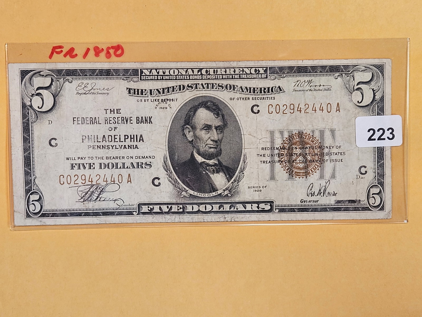 Series of 1929 Five Dollar National Currency in Fine: Philadelphia