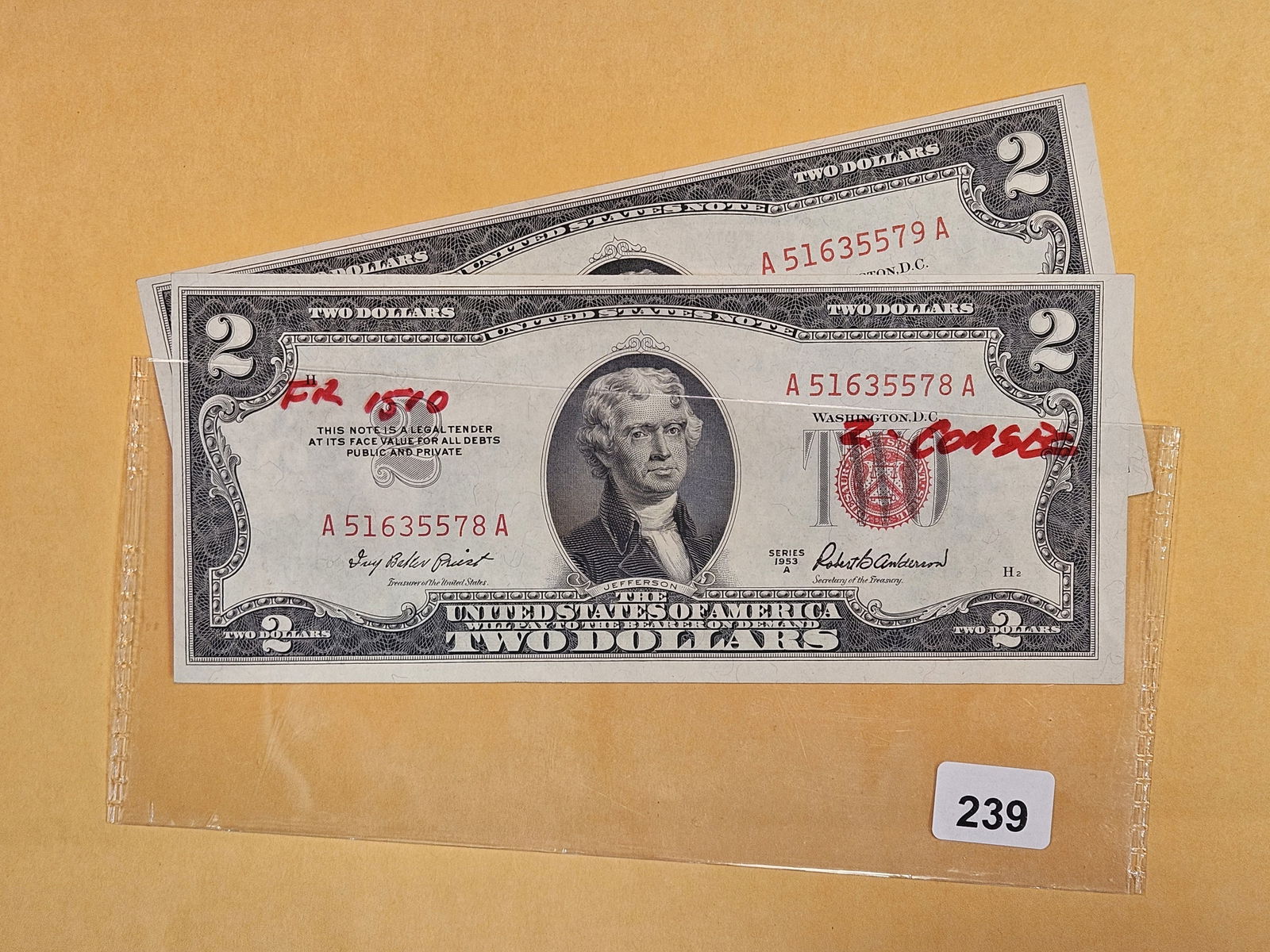 Two Consecutive, Crisp Uncirculated, 1953-A Two Dollar US Notes (1 of 2)