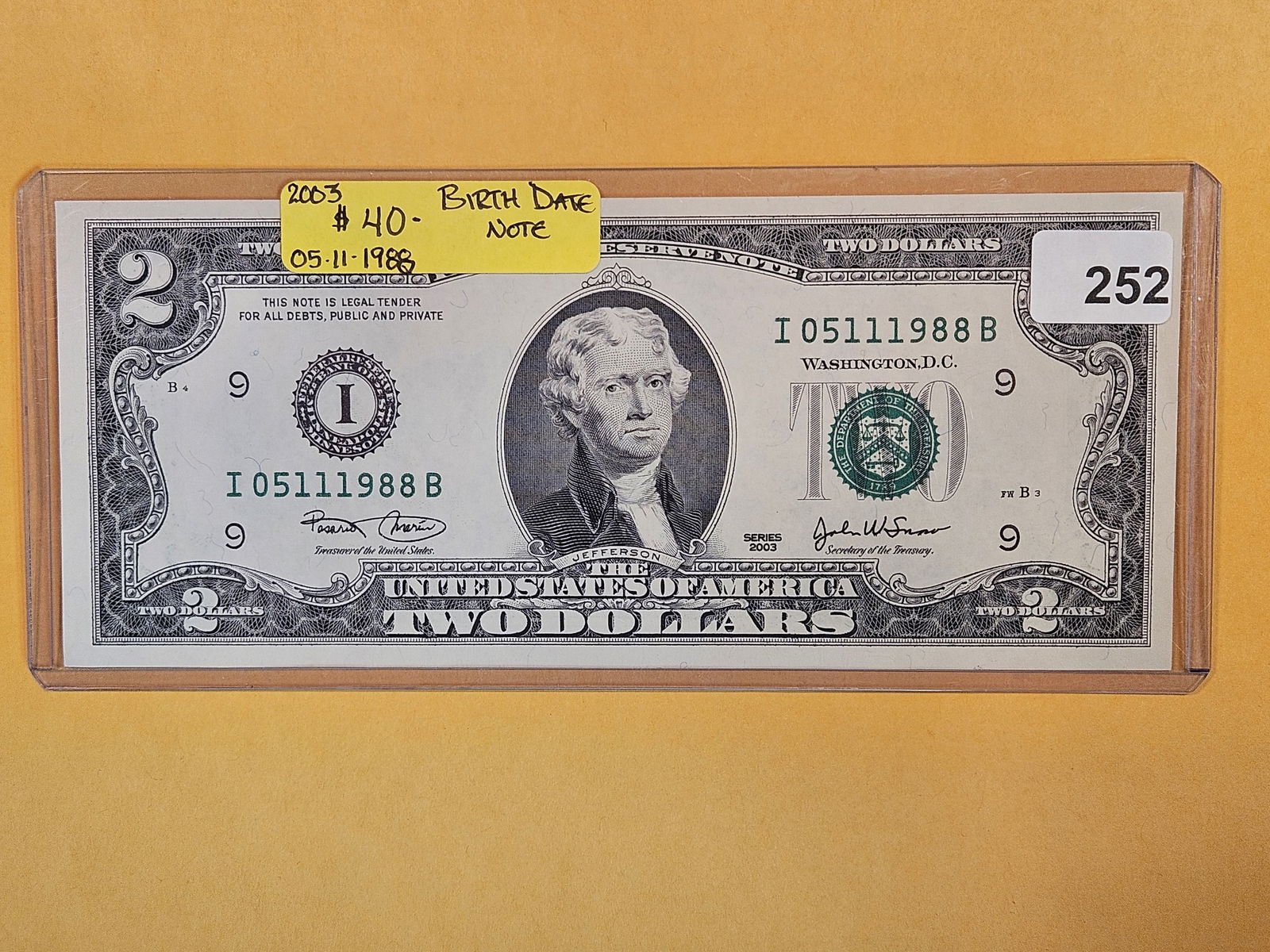 Crisp Uncirculated Birth Note Two Dollar FRN (1 of 2)