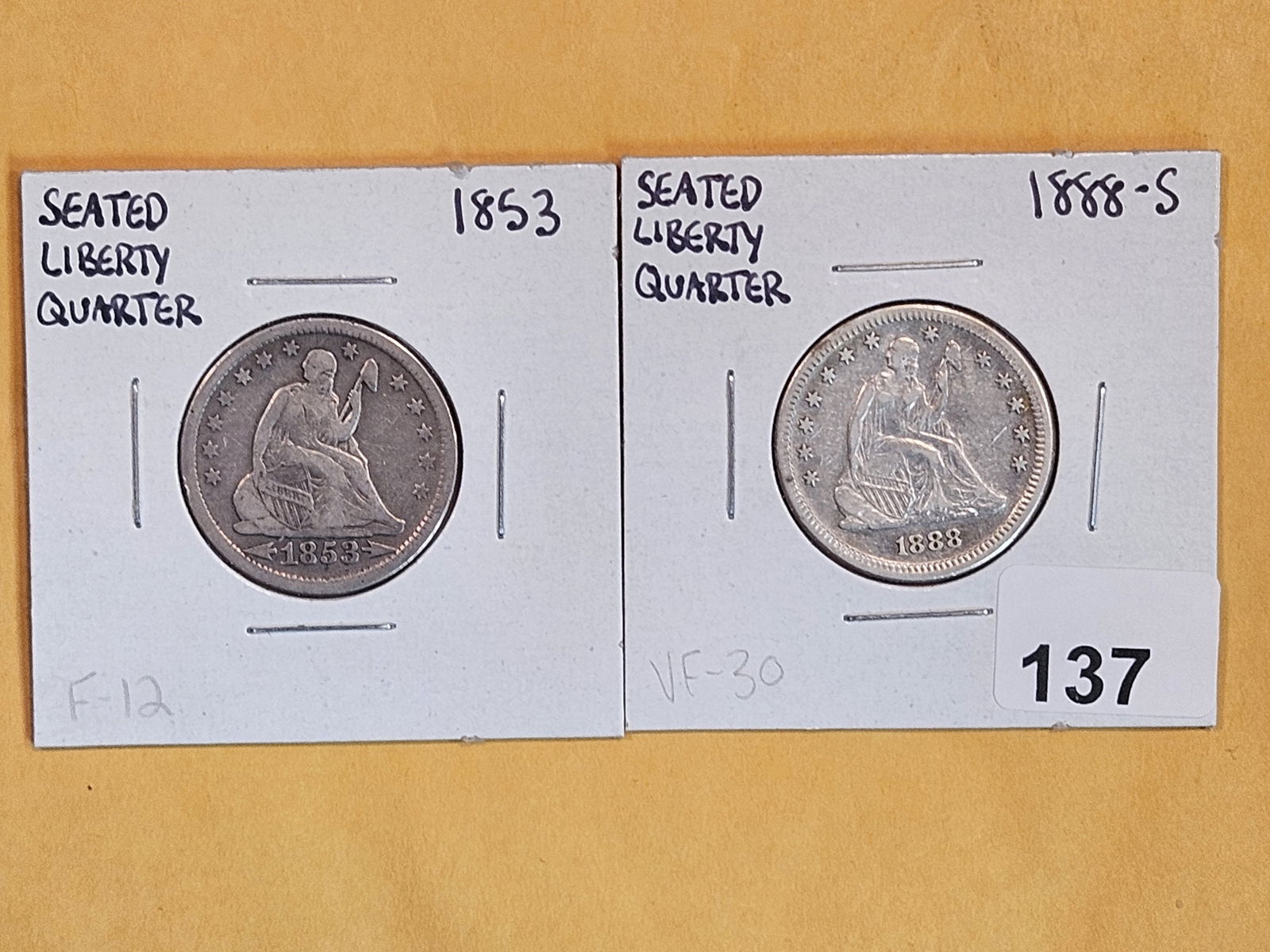 1853 and 1888-S Seated Liberty Silver Quarters: Fine to Very Fine