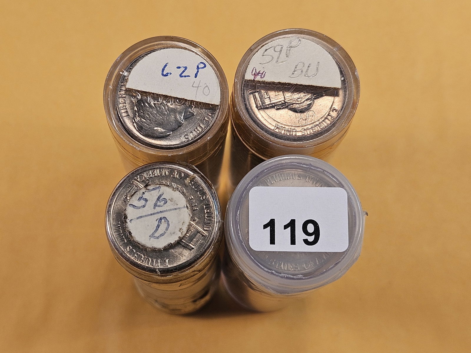 Four Full Rolls of Brilliant Uncirculated Jefferson Nickels: 1956-D, 1959, 1962 and 2017-S. Sealed in plastic tubes.