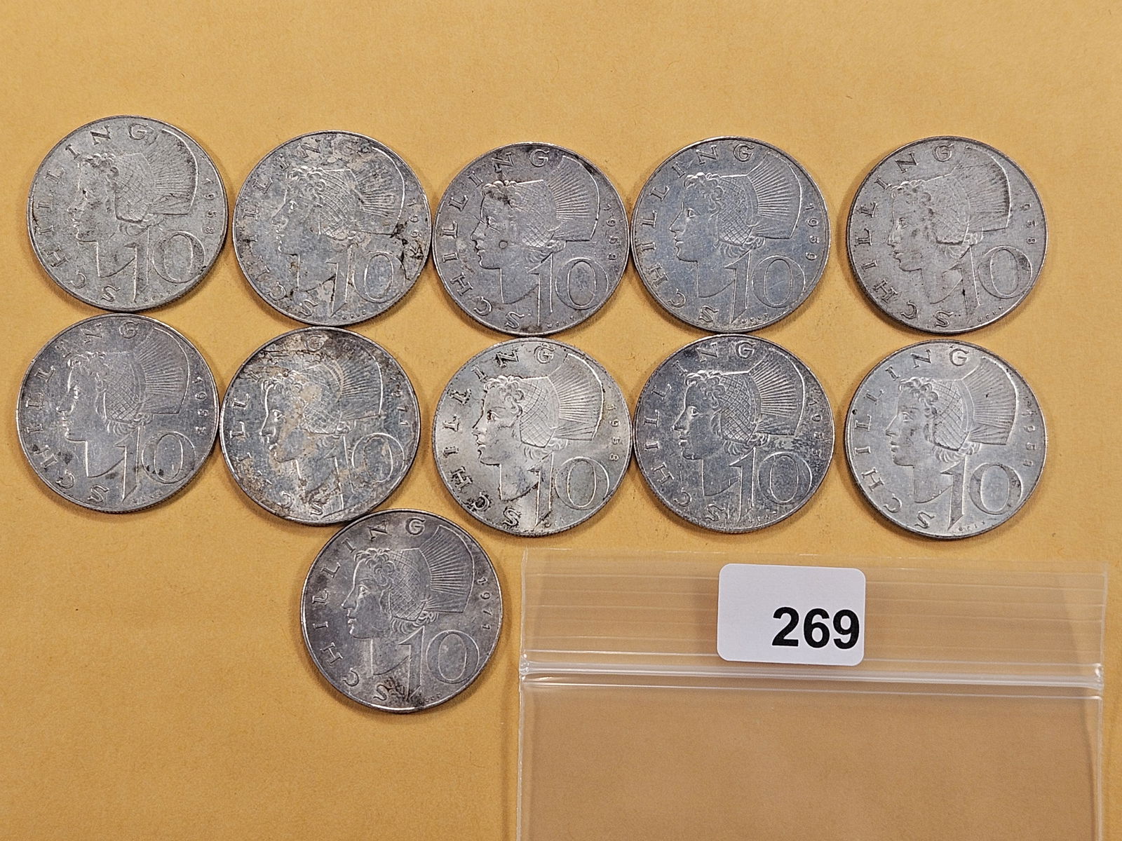Eleven Austrian Silver Ten Shillings: Mixed dates 1957 through 1971