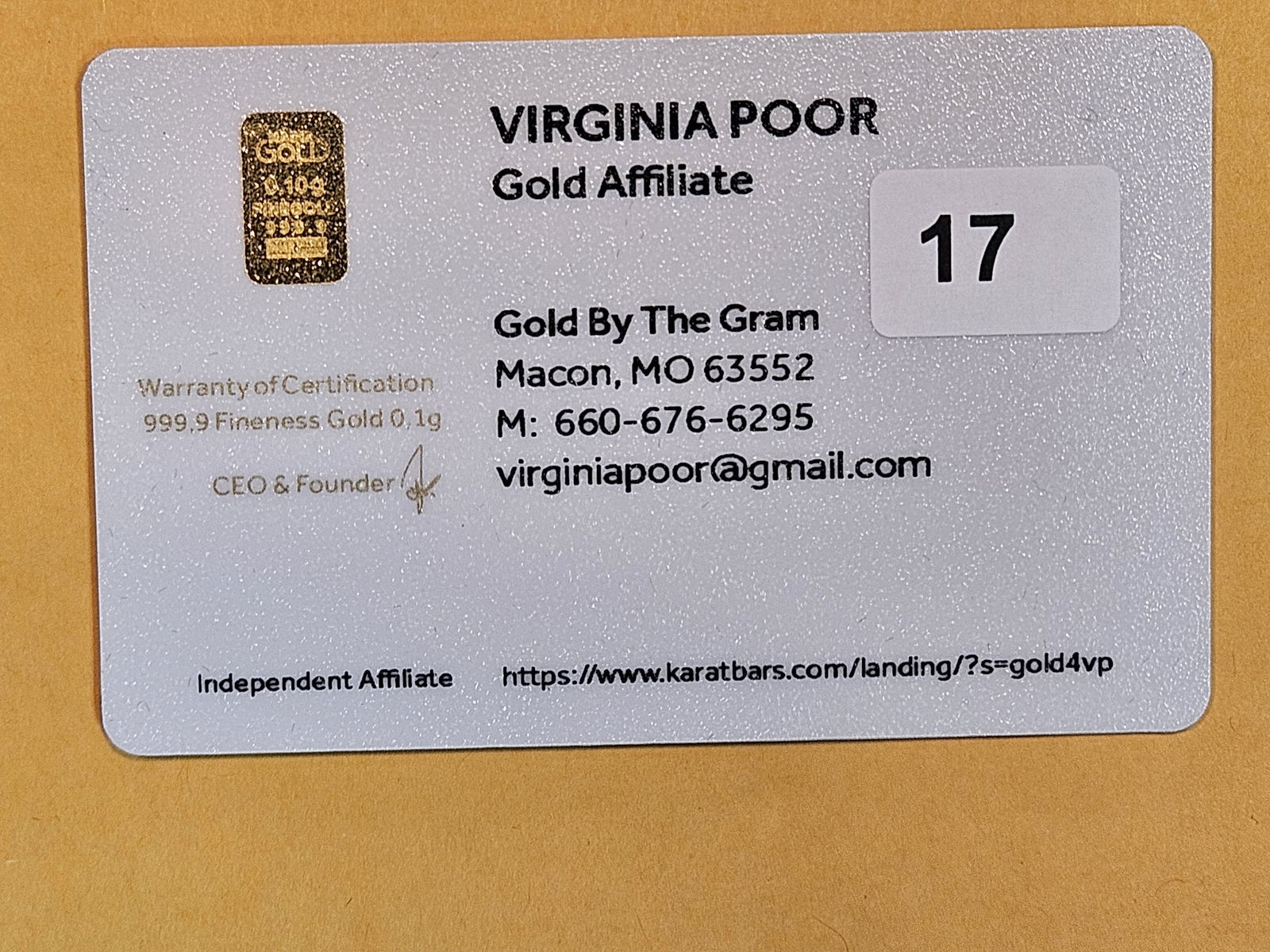 GOLD! Karatbar .1 Gram .9999 fine gold bar: In cool Karatbar marketing bar