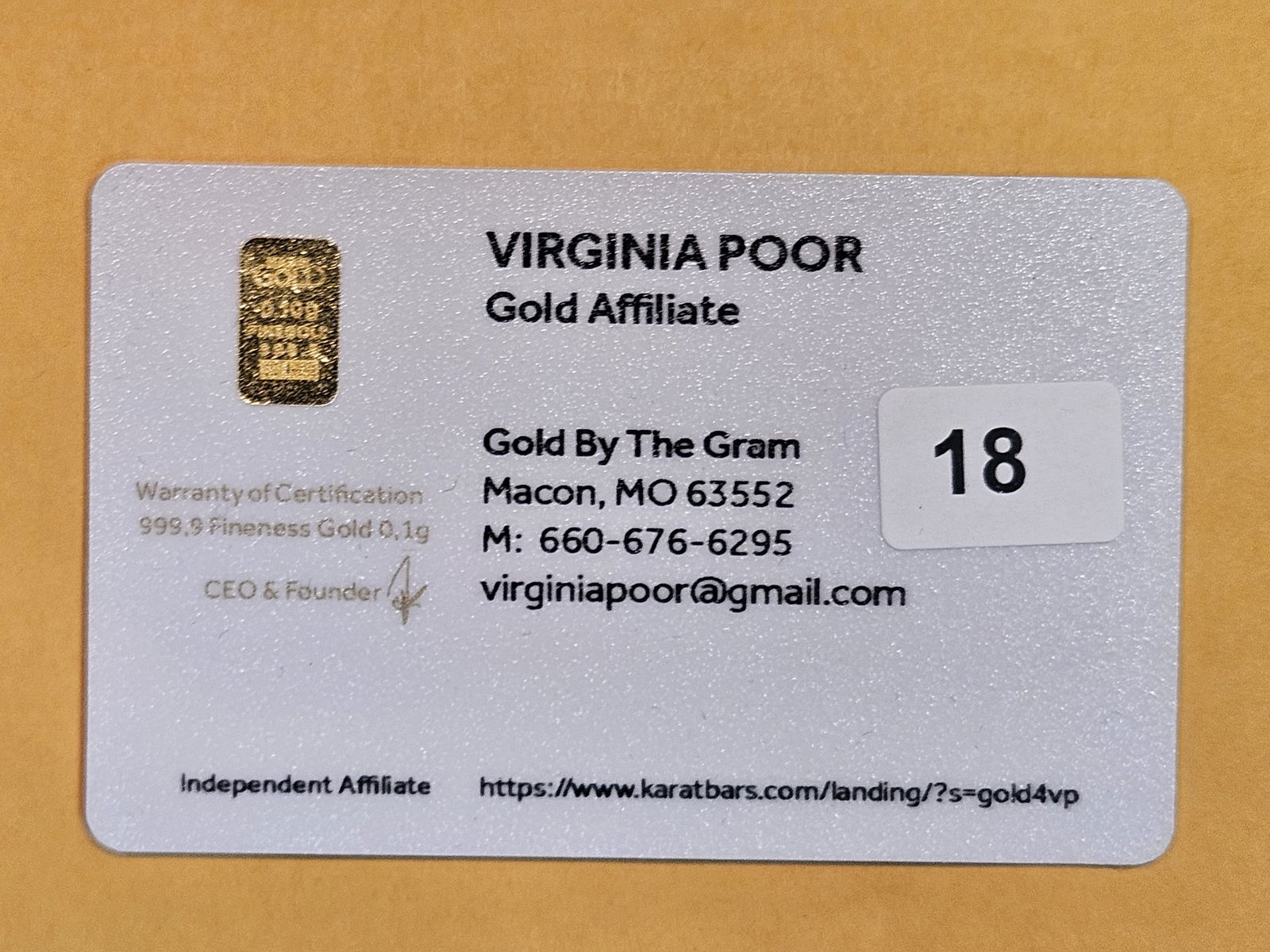 GOLD! Karatbar .1 Gram .9999 fine gold bar: In cool Karatbar marketing bar