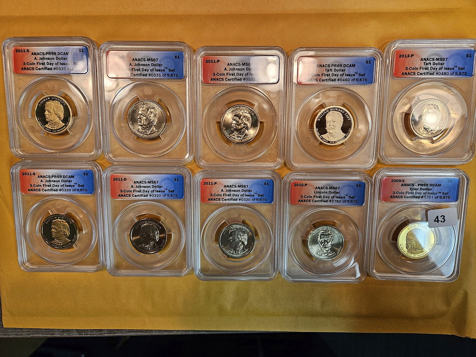 Ten SUPERB GEM ANACS-graded Presidential Dollars: In BU and Proof
