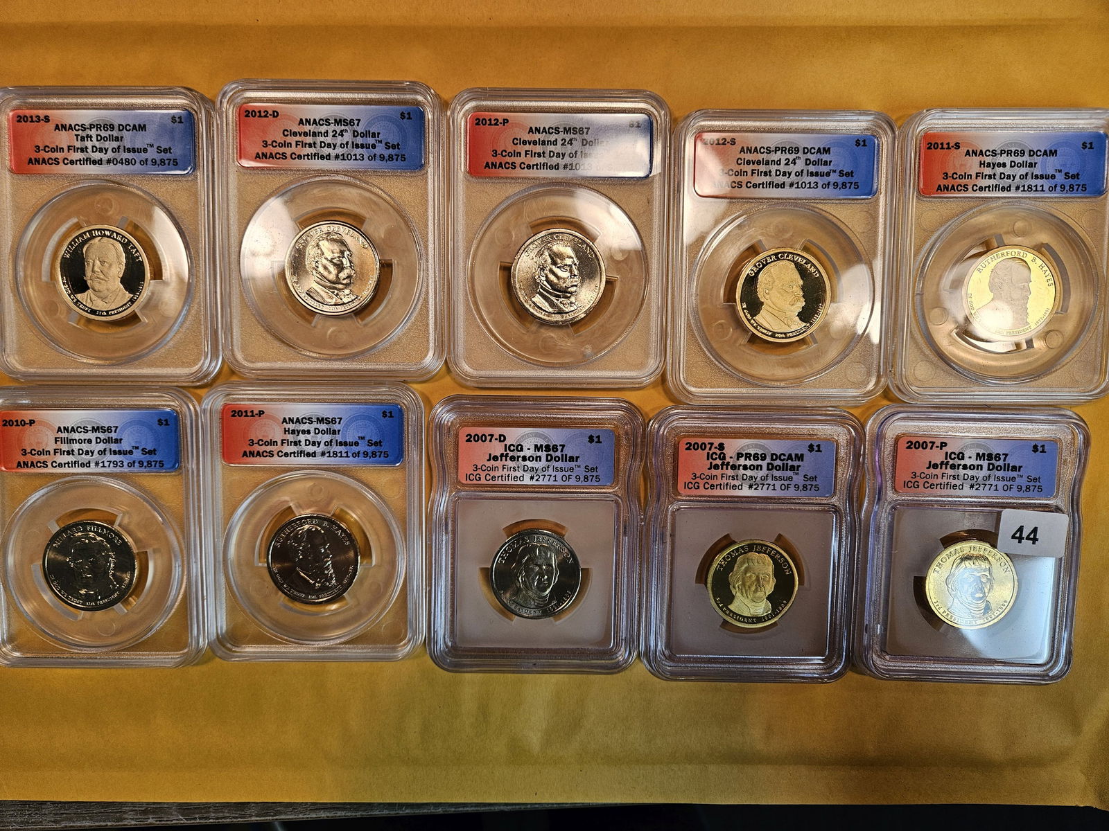 Ten SUPERB GEM ANACS-graded Presidential Dollars: In BU and Proof
