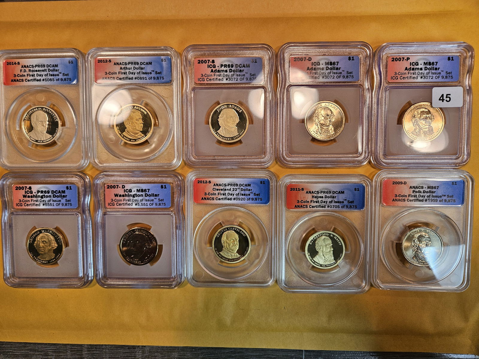 Ten SUPERB GEM ANACS-graded Presidential Dollars: In BU and Proof