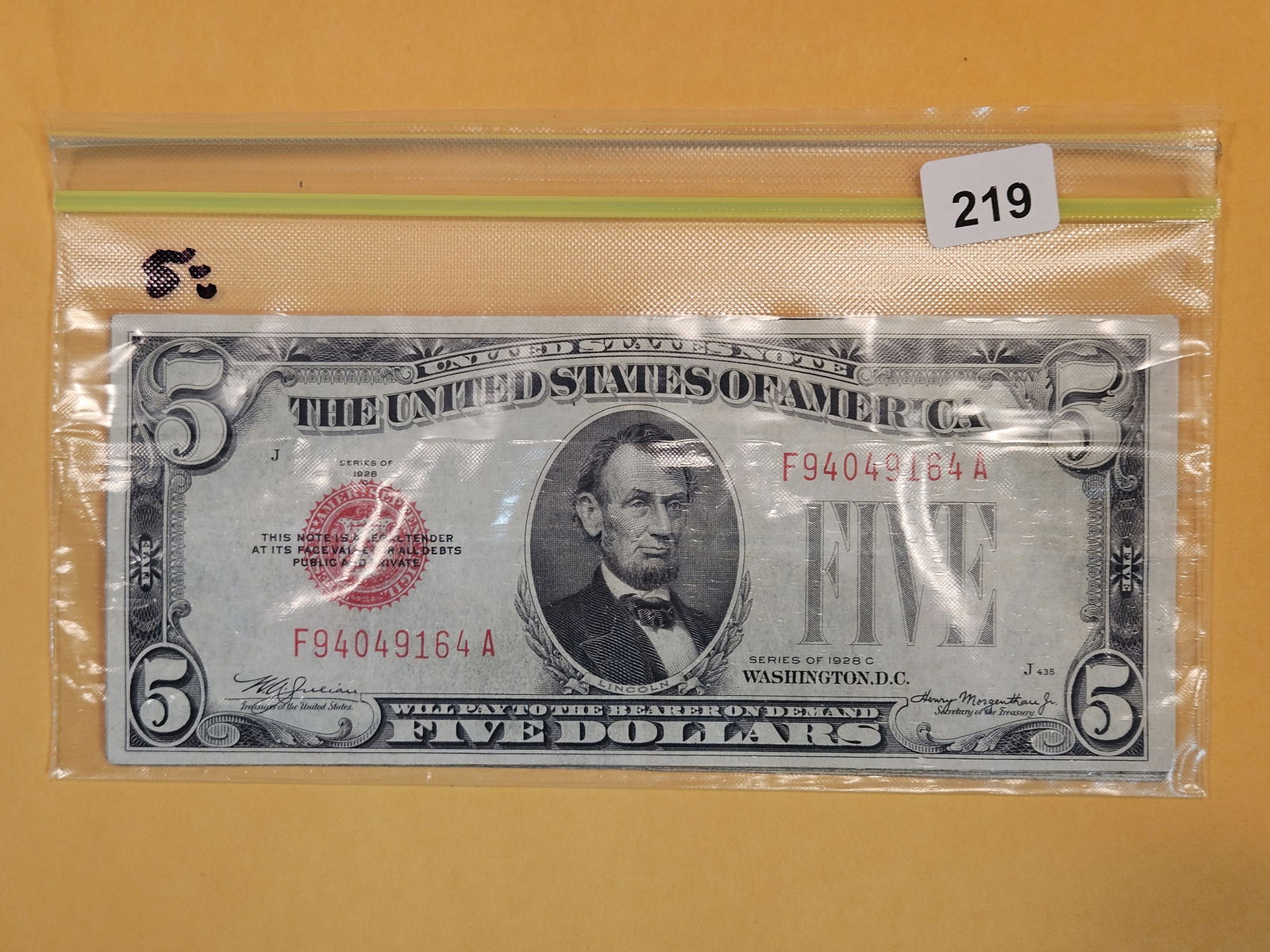 Five $5 Red Seal US Notes (1 of 2)