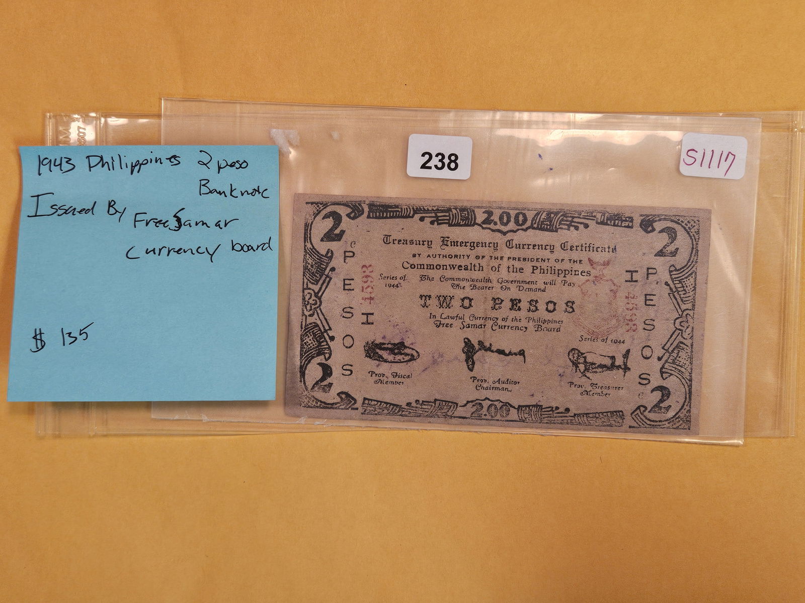 1943 Philippines two peso: Pick 1117. Issued by Free Samar Currency Board