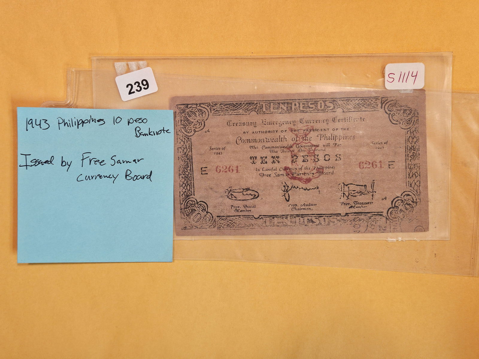 1943 Philippines ten peso: Pick 1114. Issue by Free Samar Currency Board