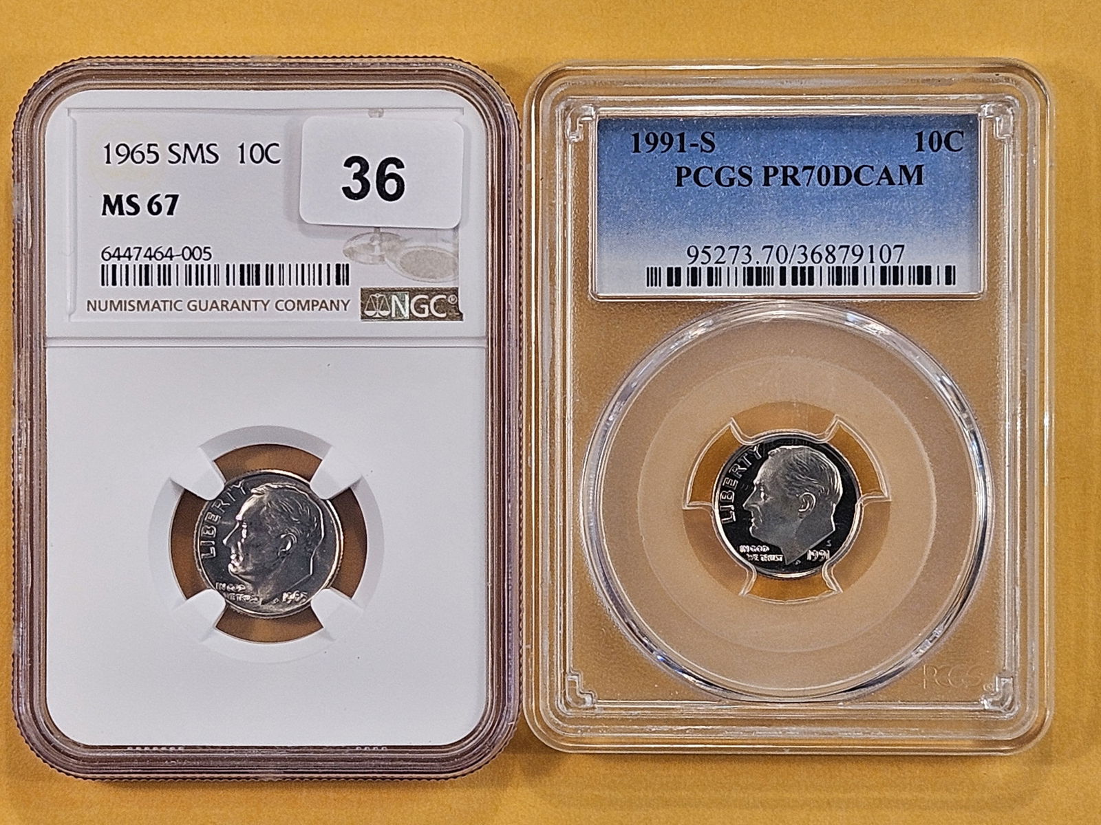 PERFECT! PCGS 1991-S Roosevelt Dime in Proof 70 Deep Cameo with NGC 1965 Roosevelt Dime in Mint S... (1 of 6)