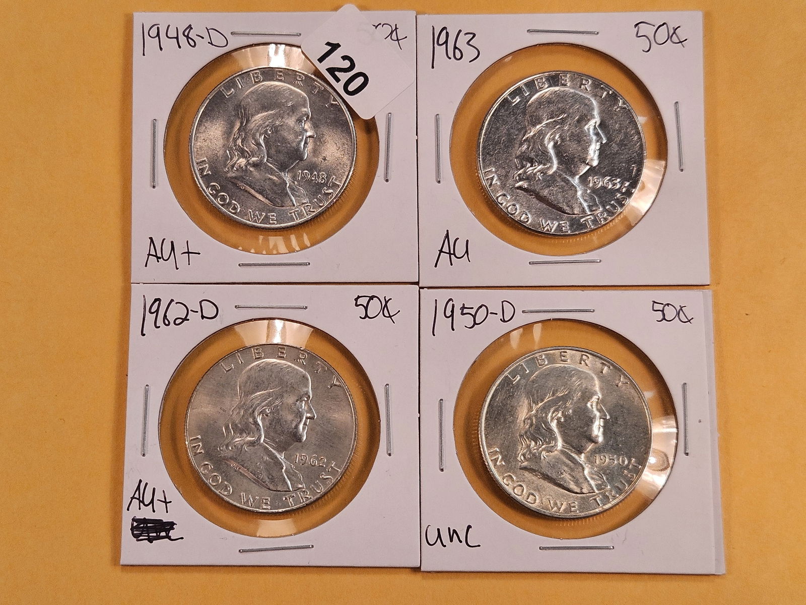 Four About Uncirculated to Uncirculated Franklin Silver Half Dollars (1 of 8)