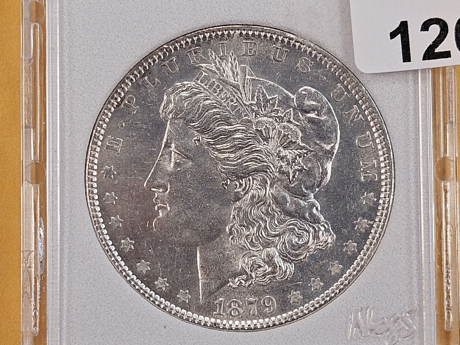 Slabbed 1879 Morgan Silver Dollar: Brilliant About Uncirculated to Brilliant Uncirculated 