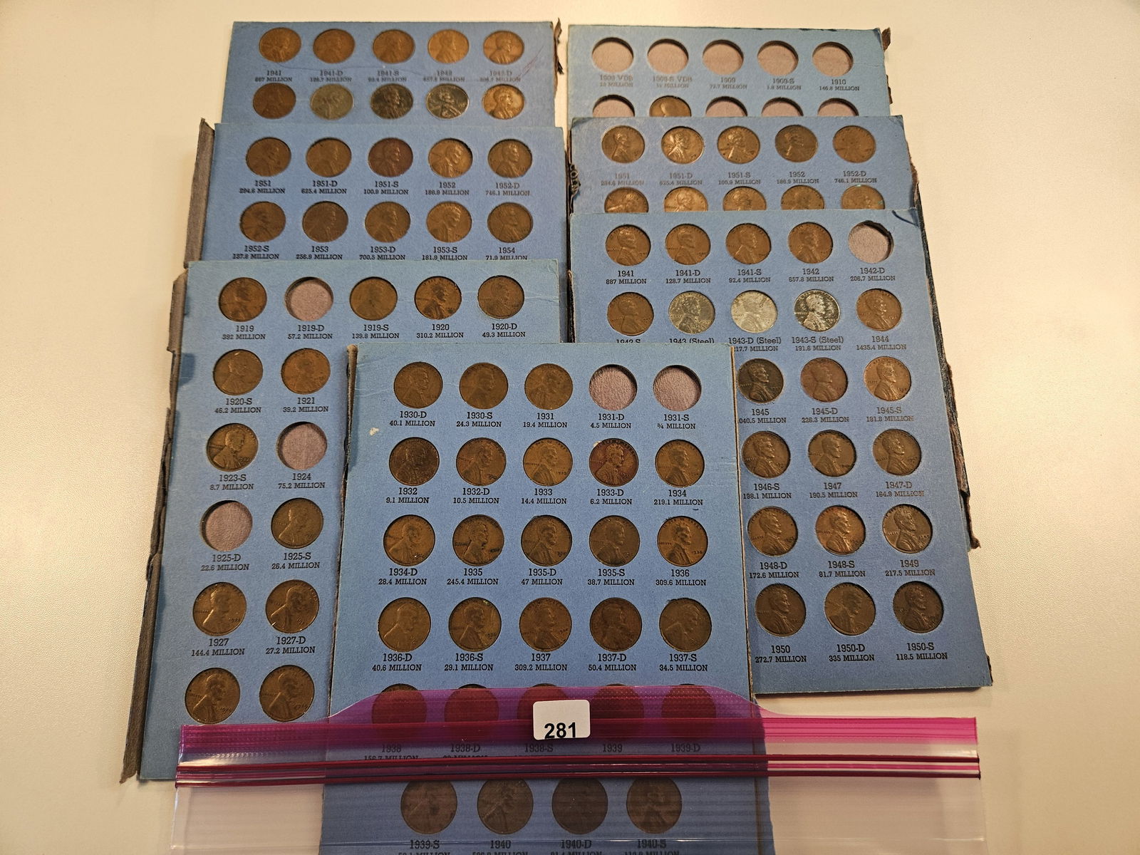 Seven Sleeves from Whitman Lincoln Cent Albums: Mostly Wheat Cents, some Lincoln Memorials 