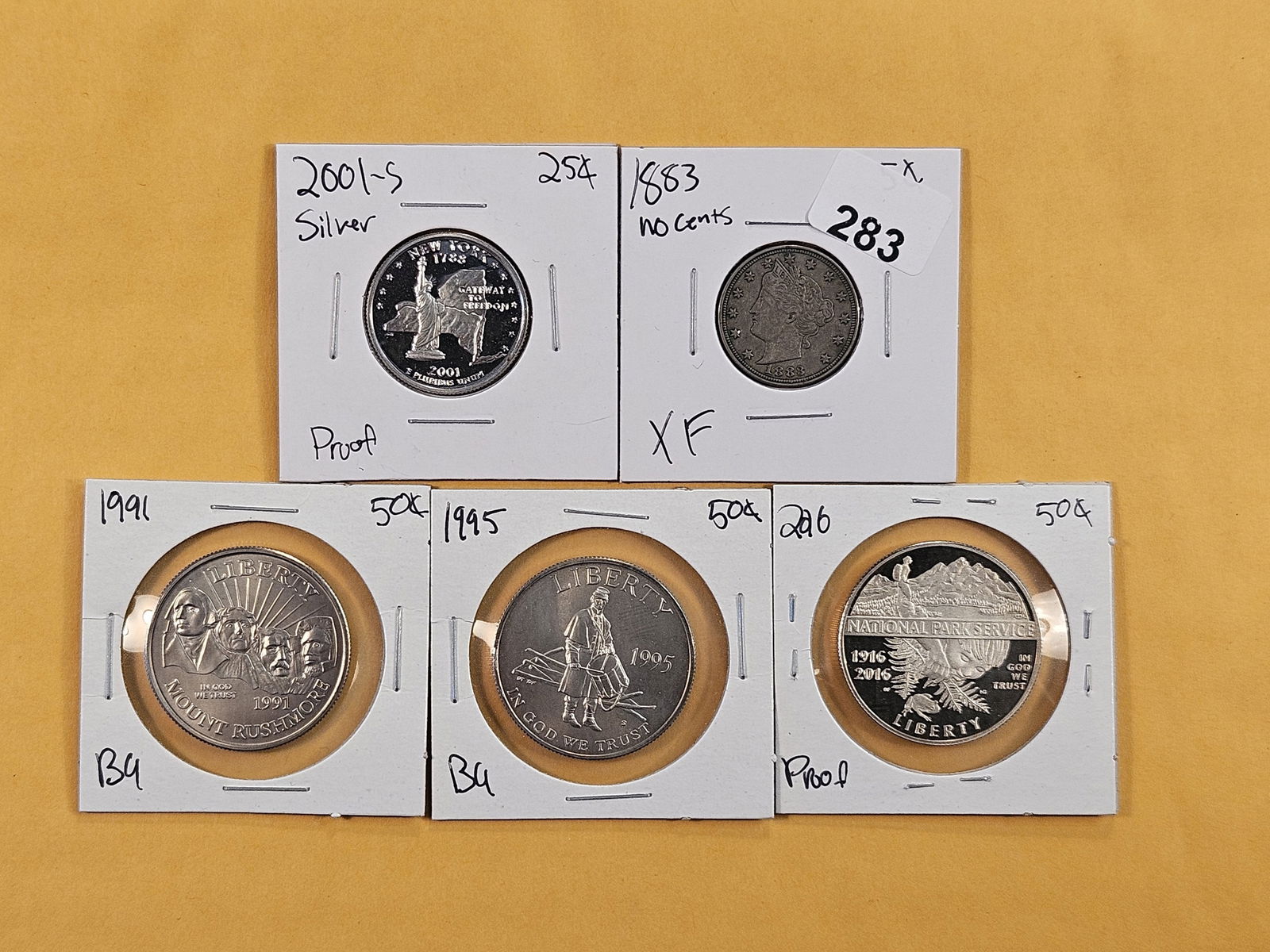 Hodgepodge Lot with Silver!: 2001-S Proof Silver Quarter, 1883 No Cents Barber Nickel, 1991 and 1995 Commemorative Half Dollars and 2016 Proof Commemorative Half Dollar 