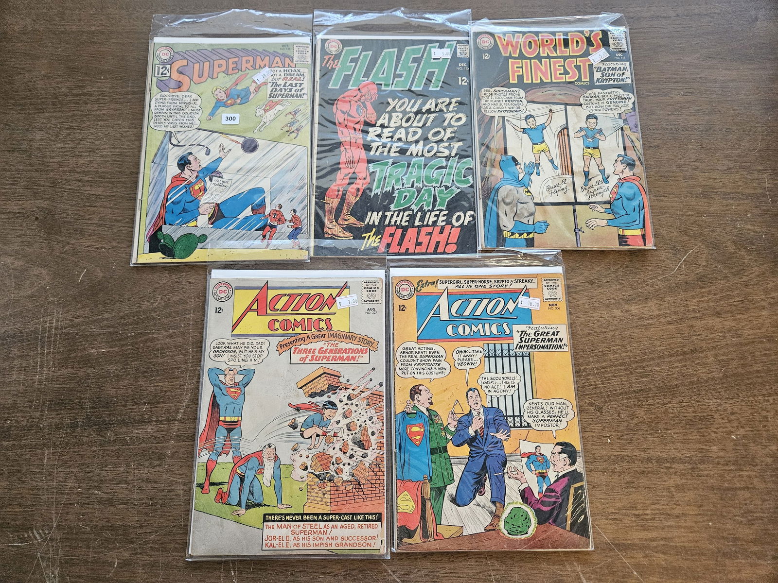 COMIC BOOKS! Five Silver Age DC 12 Cent Comics: Three Superman, one Batman and Superman and a Flash Comic 